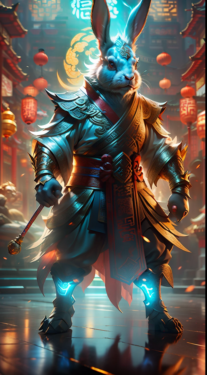 (The rabbit of the ancient Chinese mythical beast+Chinese mythology+Full of life), Ultra-realistic 3D rendering, (masterpiece+best quality+high-detail), Marvel at the posture,A true representation of the award-winning level of photography+Reproduction of the best visual effects, perfect shot, Get eye-catching movie posters! Clear focus, Depth of field。