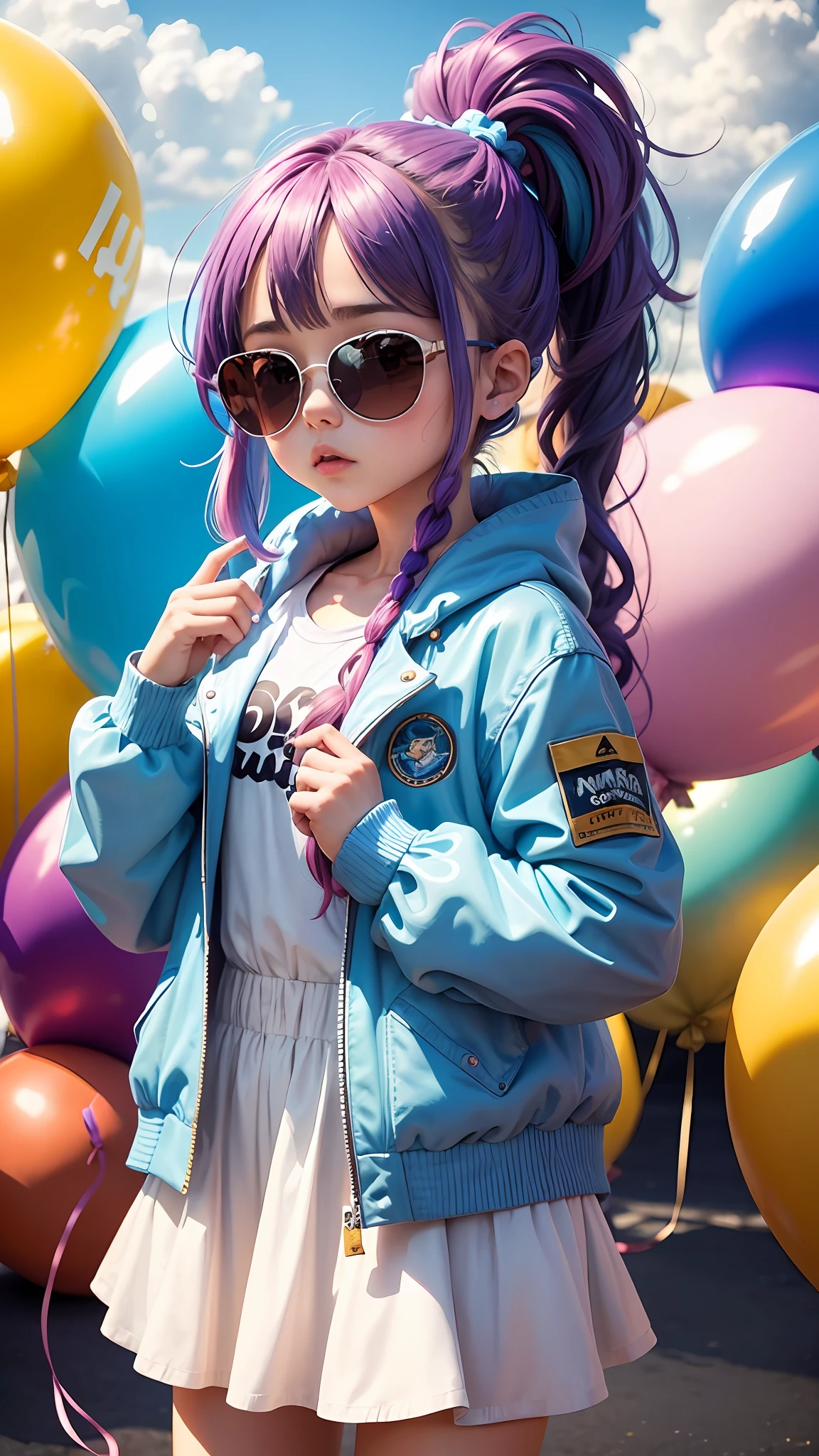 Menina Loli, lindo e bonito, wearing blue sunglasses, jaqueta amarela, moletom branco, lots of colorful balloons, , estilo chibi, cabelos bicolores vermelhos e azuis, ponytail braided hair, olhos de detalhe perfeitos, rosto delicado, CG perfeito, Qualidade de imagem HD, Colorful balloons, heaven, Travis