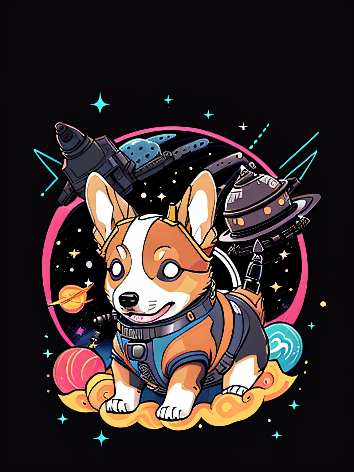 Vector-art of a (corgi wearing an astronaut suit: 1.3) in outer space. The corgi should have a cute and endearing expression, showing its excitement for the cosmic adventure. The astronaut suit can be adorned with space-themed patches (and a helmet: 1.1) with a reflective visor. Surround the corgi with floating stars, planets, and colorful nebulae over a black background to convey the vastness and beauty of outer space. Use bold and vibrant colors to make the illustration visually appealing and cheerful