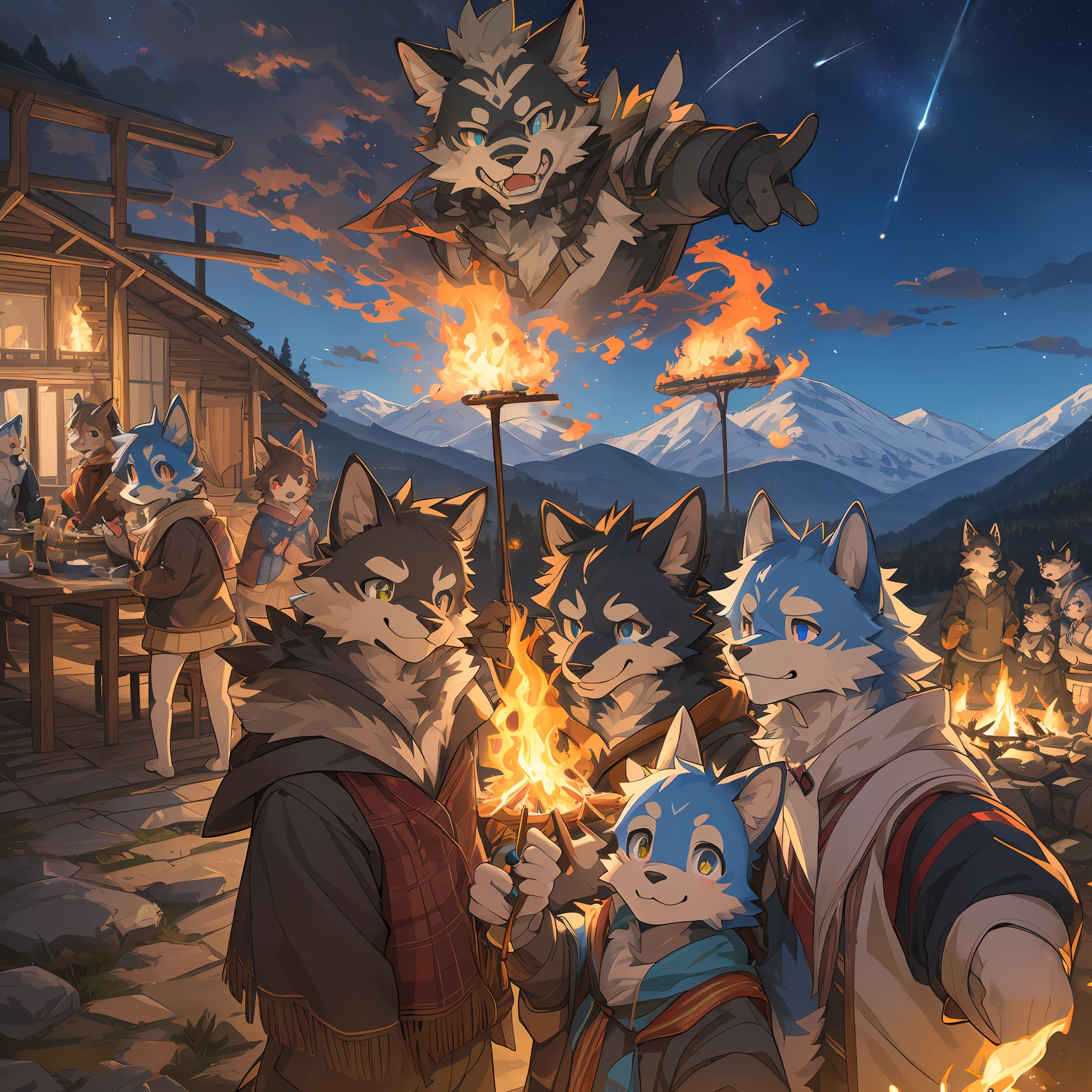 top quality, best quality, High-quality illustrations, masterpiece, super high resolution, detailed background, detailed background, Campsite in the mountains, group shot, 6+boys, 6+girls, camp-fire, night sky, absurdres(highly detailed beautiful face and eyes)perfect anatomy(Photo of family trip)(kemono, furry anthro)selfie,