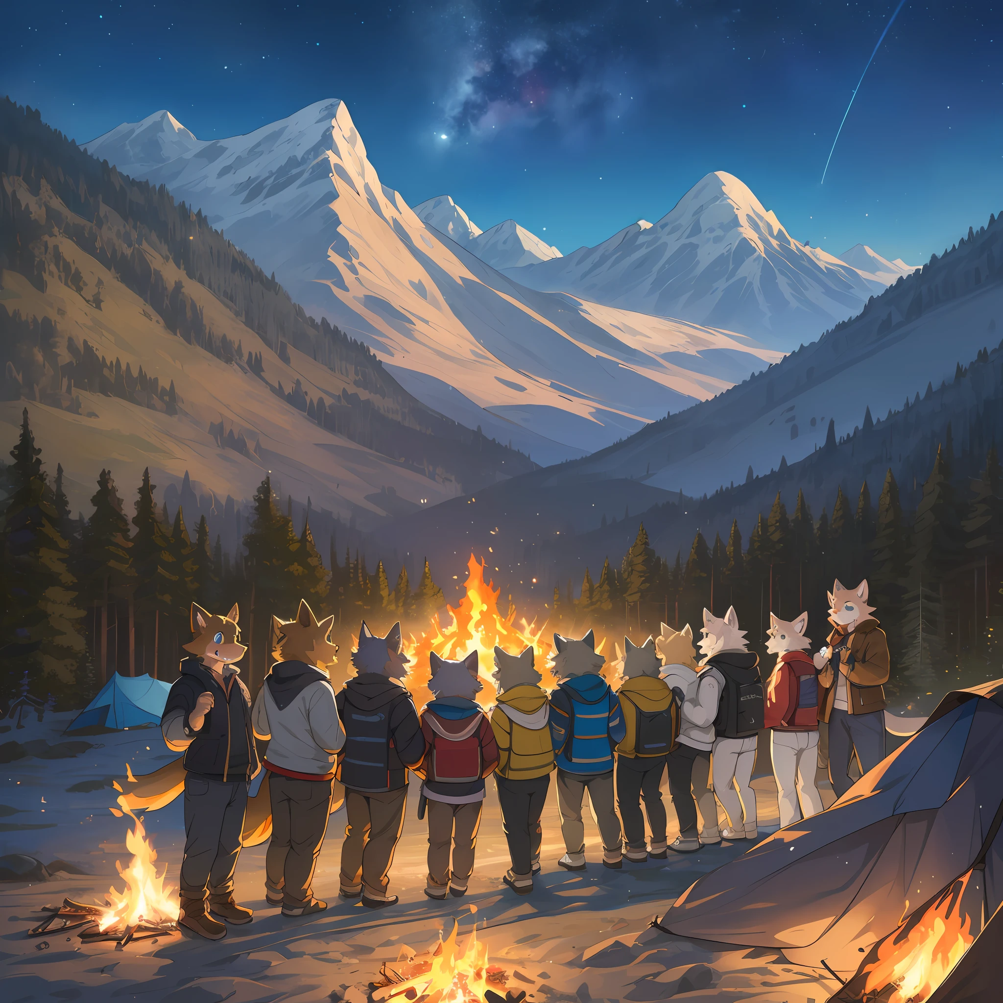 top quality, best quality, High-quality illustrations, masterpiece, super high resolution, detailed background, detailed background, Campsite in the mountains, group shot, 6+boys, 6+girls, camp-fire, night sky, absurdres(highly detailed beautiful face and eyes)perfect anatomy(Photo of family trip)(kemono, furry anthro)selfie,