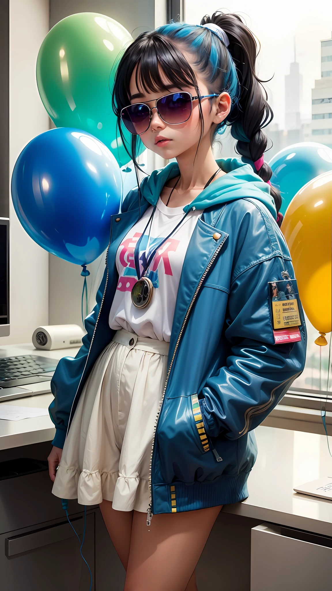 Menina Loli, lindo e bonito, wearing blue sunglasses, jaqueta amarela, moletom branco, muitas flores coloridas, baby face, estilo chibi, cabelos vermelhos e azuis, ponytail braided hair, olhos de detalhe perfeitos, rosto delicado, CG perfeito, Qualidade de imagem HD, Colorful balloons, In a futuristic office,
