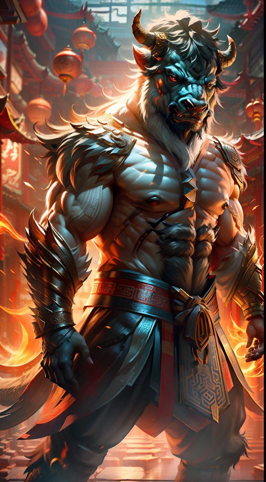 (The ancient Chinese sacred beast bison+Chinese mythology+Full of life), Ultra-realistic 3D rendering, (masterpiece+best quality+high-detail), Marvel at the posture,A true representation of the award-winning level of photography+Reproduction of the best visual effects, perfect shot, Get eye-catching movie posters! Clear focus, Depth of field。
