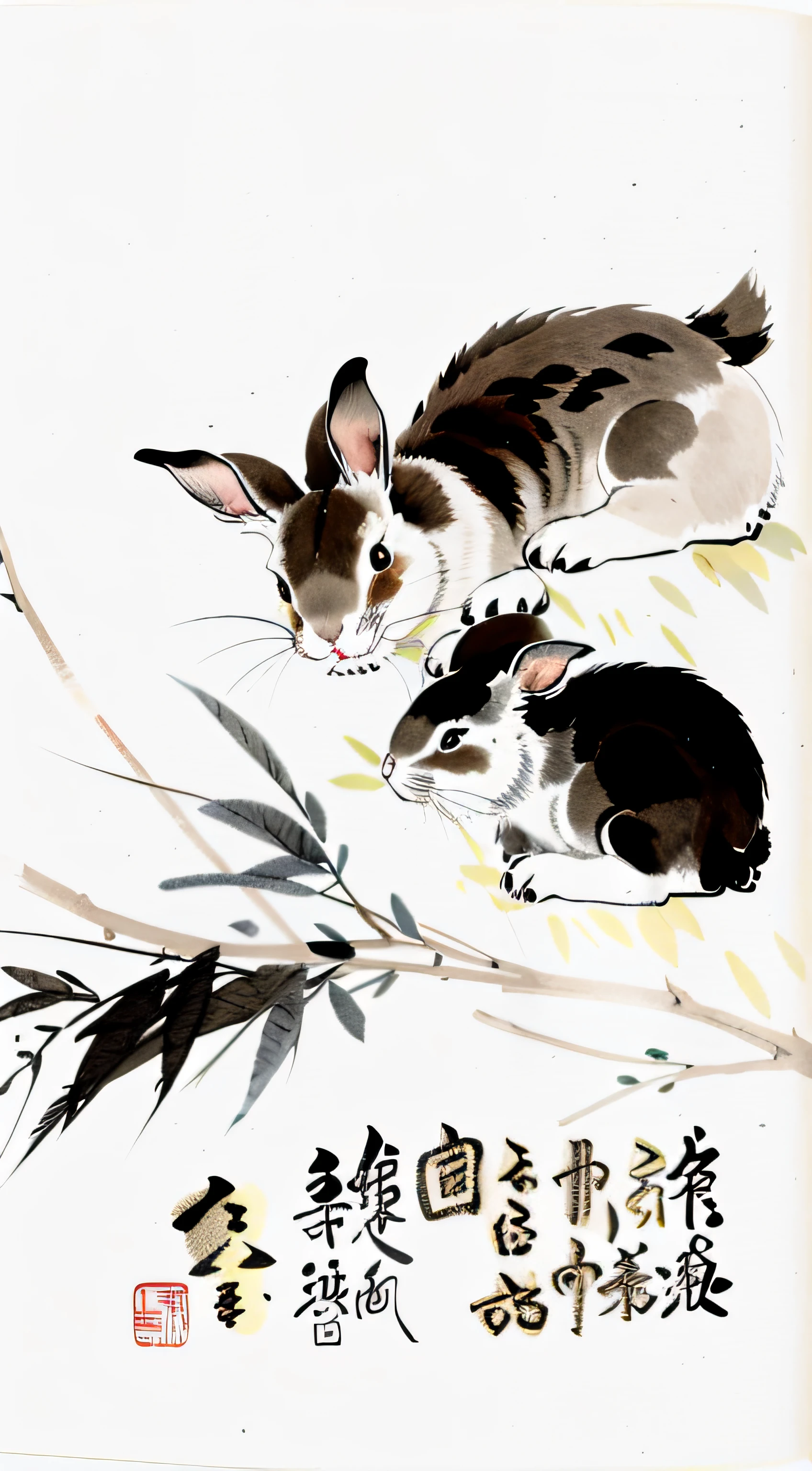 On the branches sat two rabbits, chinese brush pen illustration, Traditional Chinese painting, Traditional Chinese Ink Painting, sumi - e art, Rabbits, China ink painting, author：Cui Bai, Chinese ink painting, Chinese painting style, sumi ink style,