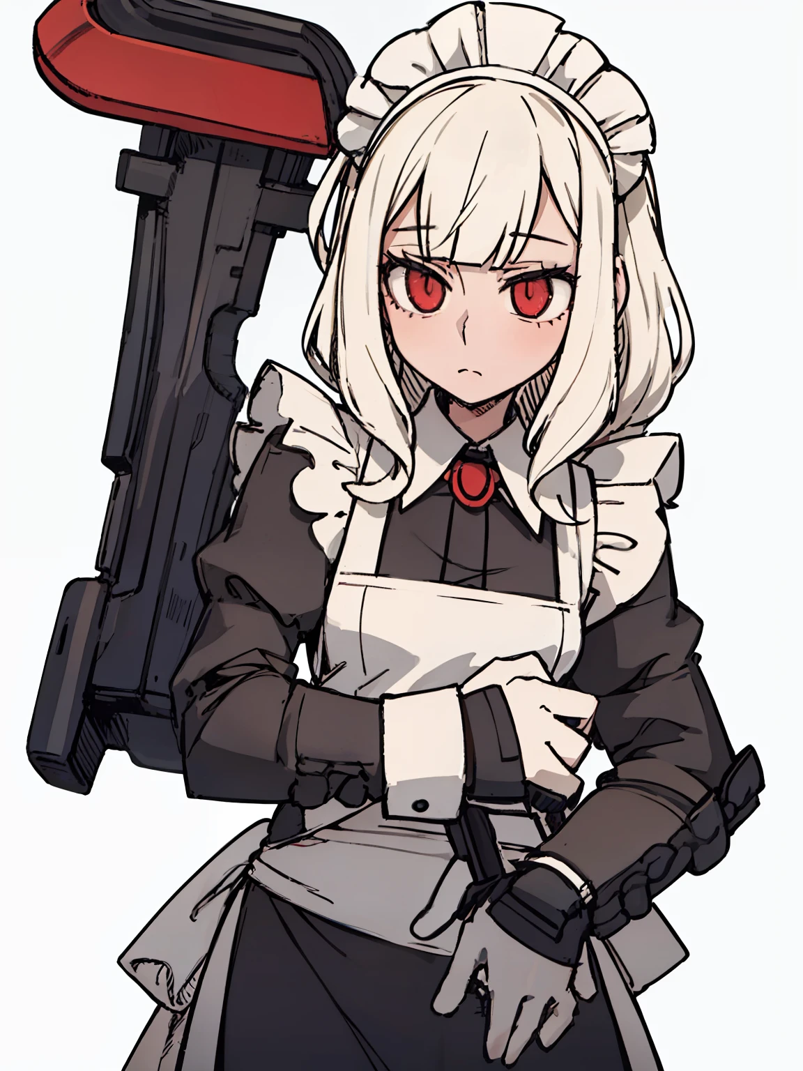 A girl frontal,CRIT,(,(A half body),(Long curly white hair),(the maid outfit)),Young, White background