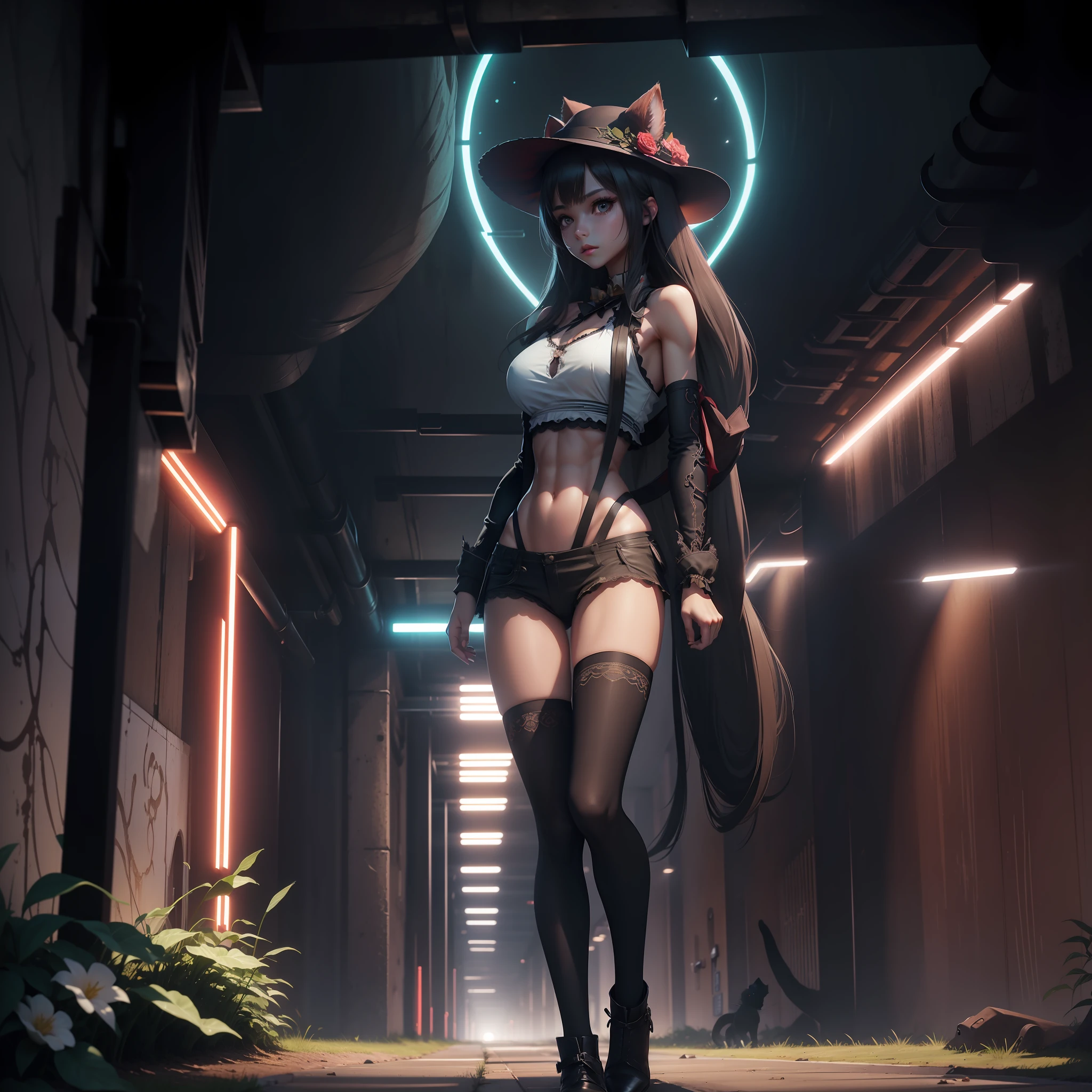 tunnel,There is grass on the ground,There are a lot of lights in the passage of the tunnel,a pregirl,There are abs,Slim figure,with thin legs,Wear cute lace-trimmed clothes,Wearing a cat-eared hat