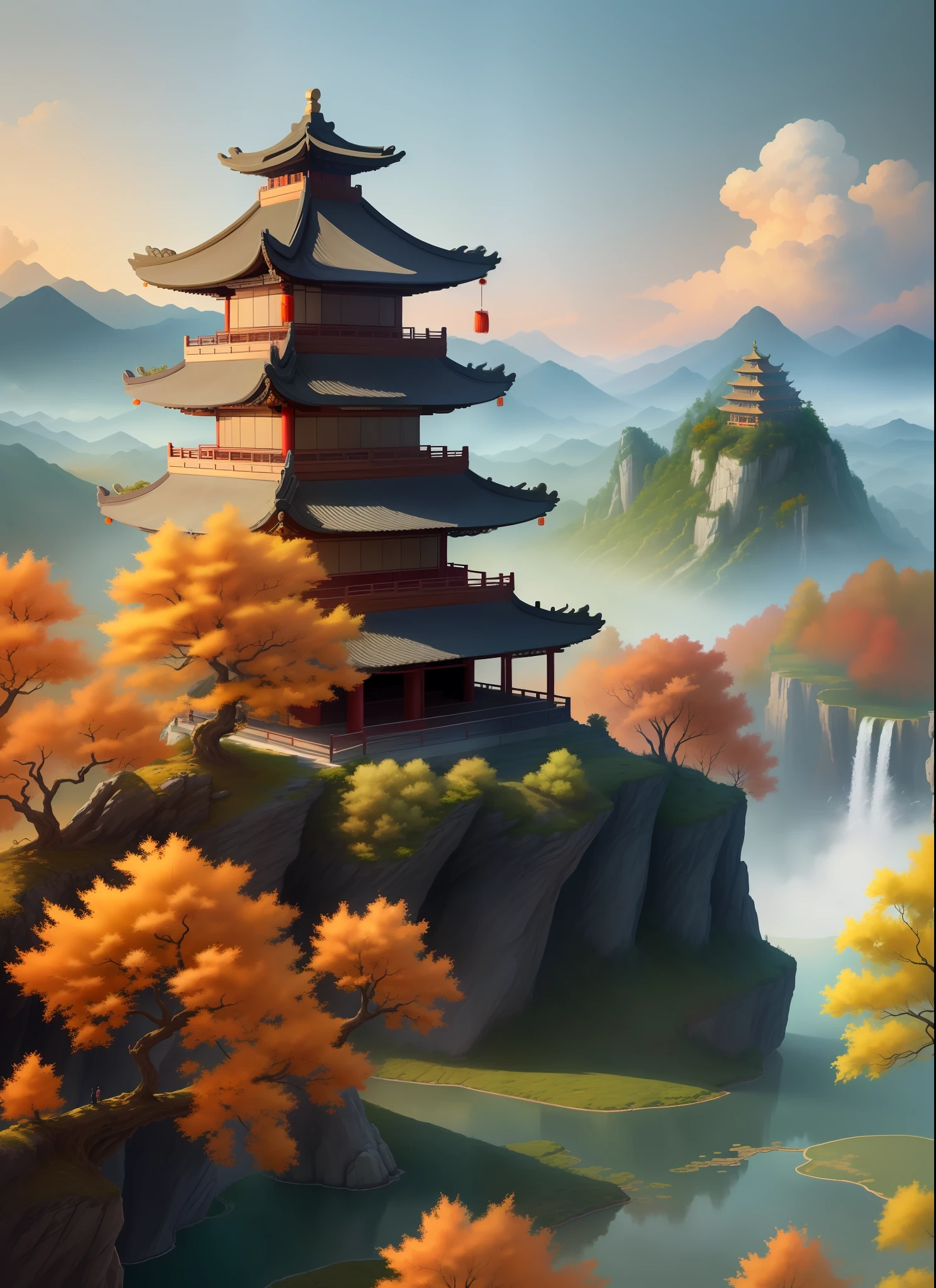 tmasterpiece,Best quality at best,high qulity,the Extremely Detailed CG Unity 8K Wallpapers,scenecy,exteriors,Skysky,clouds,daysies,Ancient Girls,mont,scenecy,Eau,The tree,waterfallr,precipice,naturey,lakes,rios,depth of fields,color difference,The is very detailed,iintricate,high detal,Ancient wind,Ancient Chinese architecture,Autumn