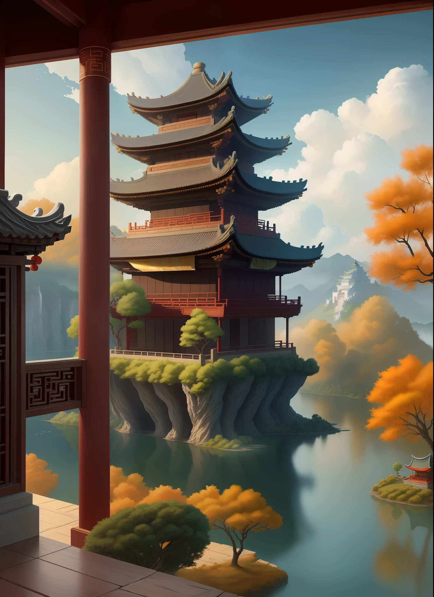 tmasterpiece,Best quality at best,high qulity,the Extremely Detailed CG Unity 8K Wallpapers,scenecy,exteriors,Skysky,clouds,daysies,Ancient Girls,mont,scenecy,Eau,The tree,waterfallr,precipice,naturey,lakes,rios,depth of fields,color difference,The is very detailed,iintricate,high detal,Ancient wind,Ancient Chinese architecture,Autumn