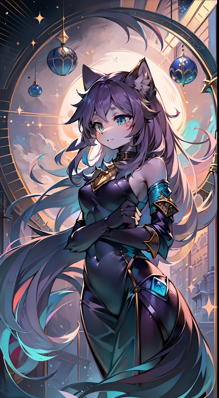 (Masterpiece), Best quality, Dynamic Angle, Dynamic full-body posture,(Hairy chest and arms+ Raised sexy:1.1,feline features:1.0,slim body 1.1), glittering ocean, full moon/Meniscus, moon full/Crescent night, Sparkling beautiful long hair:1.2, Sensual expression, beautidful eyes, Based on beautiful landscapes,Enhance the beauty of the pattern, aquarelle. (Feminine),(The face of a human woman:1.5),(Beautiful long hair black cat girl), (The long sword of the Japanese magical world), (Wear delicate full-body dark leather armor:1.2)(Full body dress)(Leather armor covers the whole body), Mysterious rune star map, The background is deep.The hands are furry cat's paws