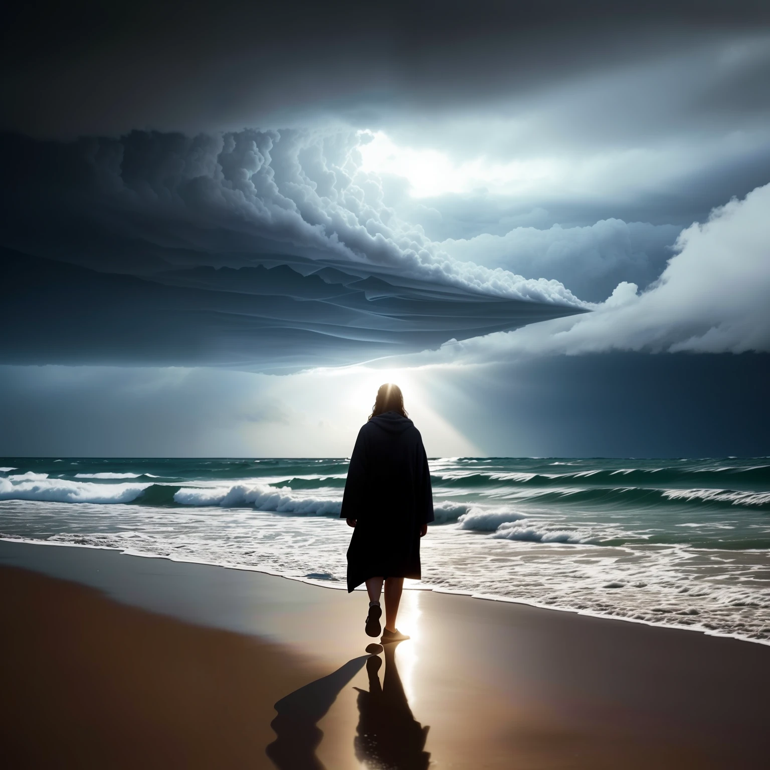 Jesus walking on water in the midst of a storm, obra-prima, melhor qualidade, alta qualidade, papel de parede 8k de unidade CG extremamente detalhado fotorrealista, extremamente detalhado, trending on ArtStation, trend at CGSociety, intrincado, alto detalhe, dramatic, arte no meio da jornada, volume illumination