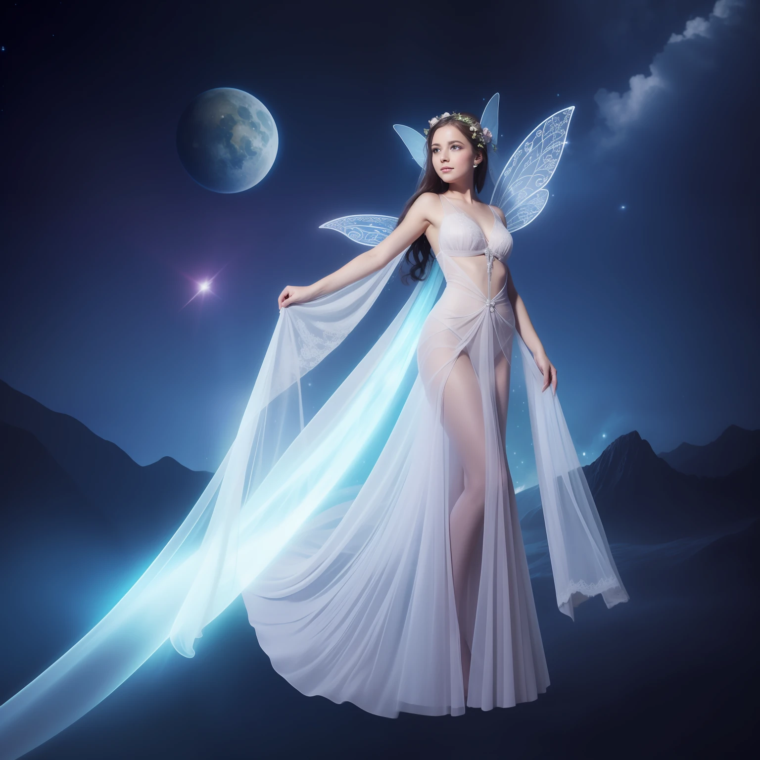 a fairy with a very long veil, floating in the space