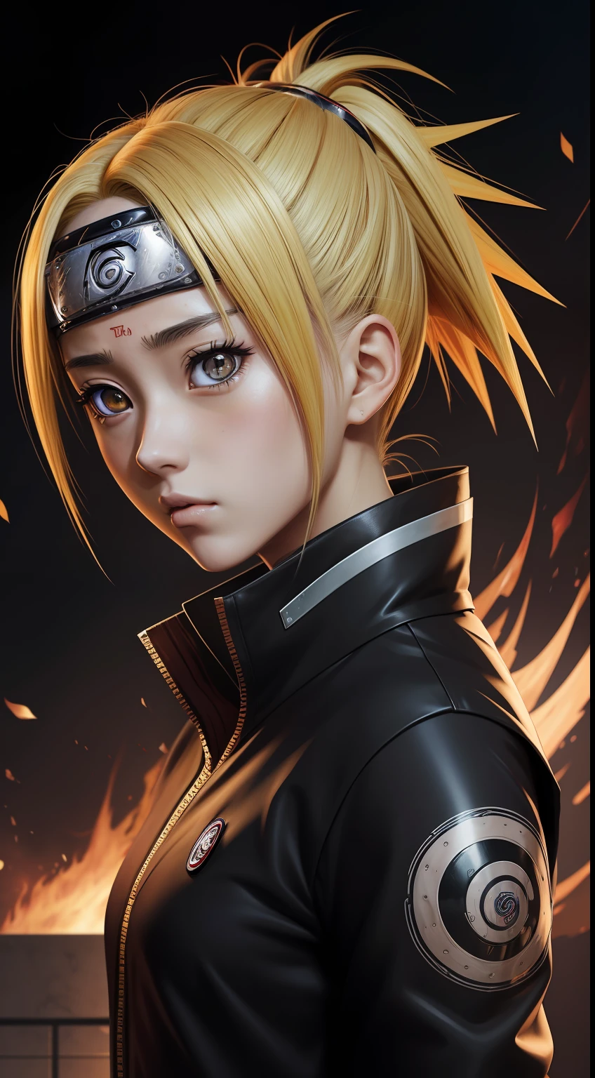 masterpiece, absurdness, a girl with hazel eyes, (((ino yamanaka))), ((Naruto Shippuden)), solo, looking at viewer, floating hair, anime style 4k, realistic anime art style, beautiful anime girl, hyper-detailed, character concept art, beautiful face, ultra detailed face, dynamic angle, high sense illustration, 8k wallpaper, perfect surreal composition, Shonen Anime Style.