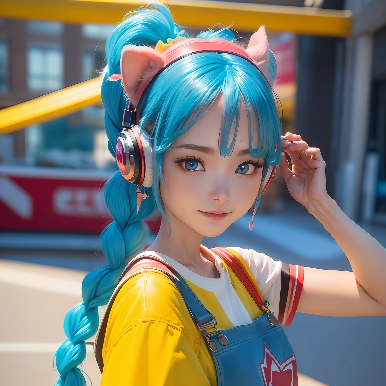 (Highly detailed CG Unity 8k wallpaper, masterpiece, top quality, super detail), floating, shining eyes [(headband, earrings, braided pig tail hair with headphones, (cyan: 1.5 | red: 1.2), (light yellow: 1.3)): overalls):