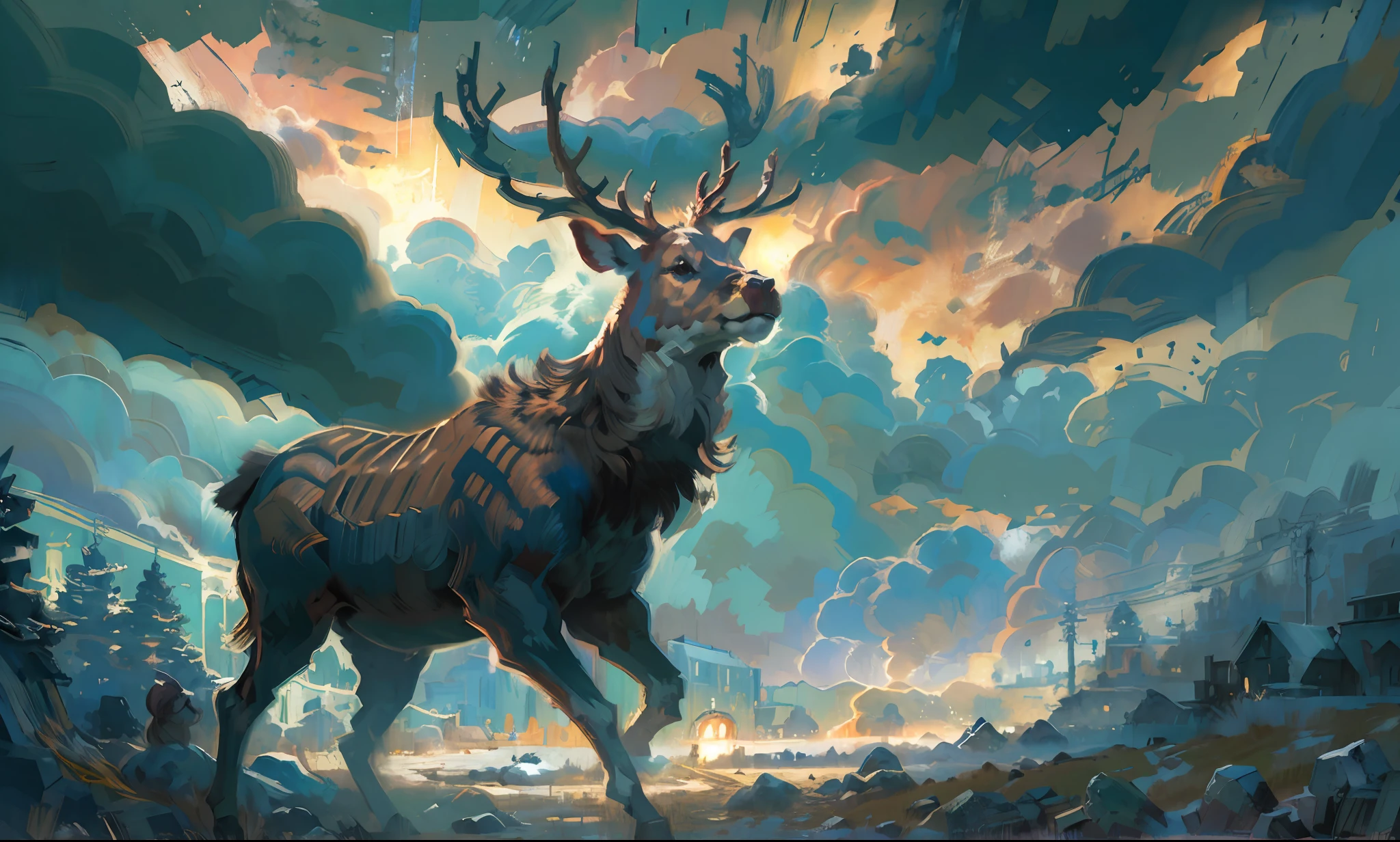 ((masterpiece)), ((huge storm clouds)), woodland forest, streams of light, existentialism, sky, night, zaum, elysiumscape, scenery, deer running