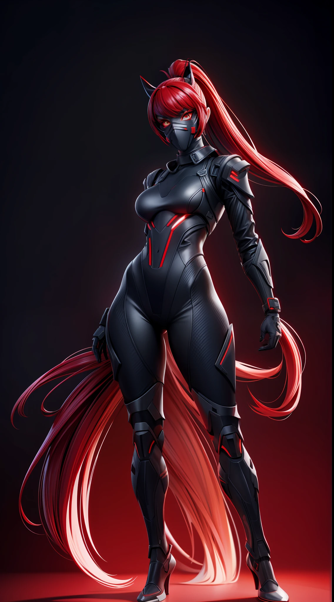 solo, super fine photo, full body picture Unreal Engine 5 8K UHD of beautiful girl, red pony tail hair, wearing futuristic black tight battle suit, half face mask, futuristic neck collar, red light details, dark makeup, best quality, masterpiece, unified 8k wallpaper, super detailed, sharp focus, dynamic pose