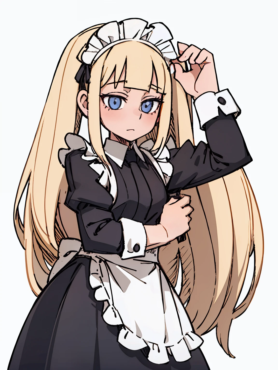 A girl frontal,CRIT,(,(A half body),(Long curly white hair),(the maid outfit)),Young, White background