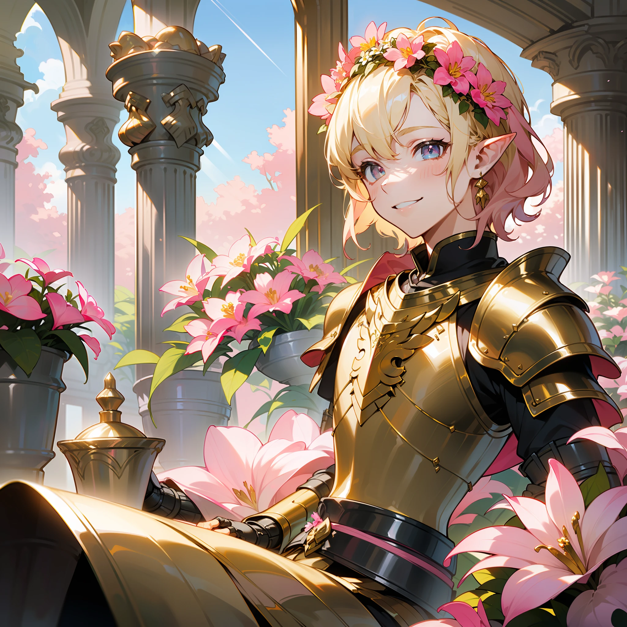 one young man, twink, (((male))), (((man))), (((one person))), (((single))), (((solo))), (((very light blonde hair))), (((light blonde colored hair))), (((very light blonde colored hair))), (((pink colored eyes))), (medium short hair), (chin-length hair), wavy hair, slim body, ((flat chest)), ((fantasy style)), (((wearing flowers in his hair))), flowercrown, ((pointy ears)), (((light pink colored eyes))), (inside a fantasy palace), (sunlight falling in through big detailed windows), room is decorated with flowers in bottles, flowers in vases, flowers in pots, hanging plants, (((wearing golden armour))), (((fantasy armour))), smiling