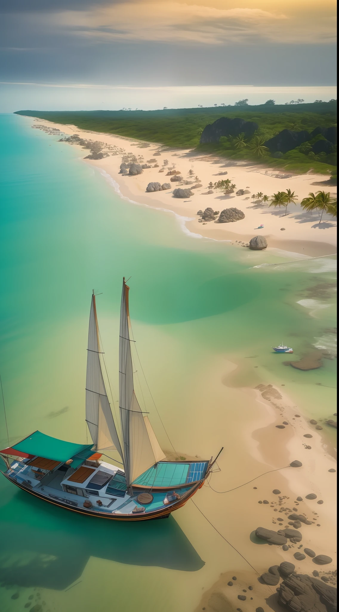 A picture of Phu Quoc Island with its long stretches of sunny beaches, smooth sandy shores, and an underwater world rich in diversity and beauty. Include images of colorful coral reefs, vibrant marine fish, and sailing boats on the azure sea.
