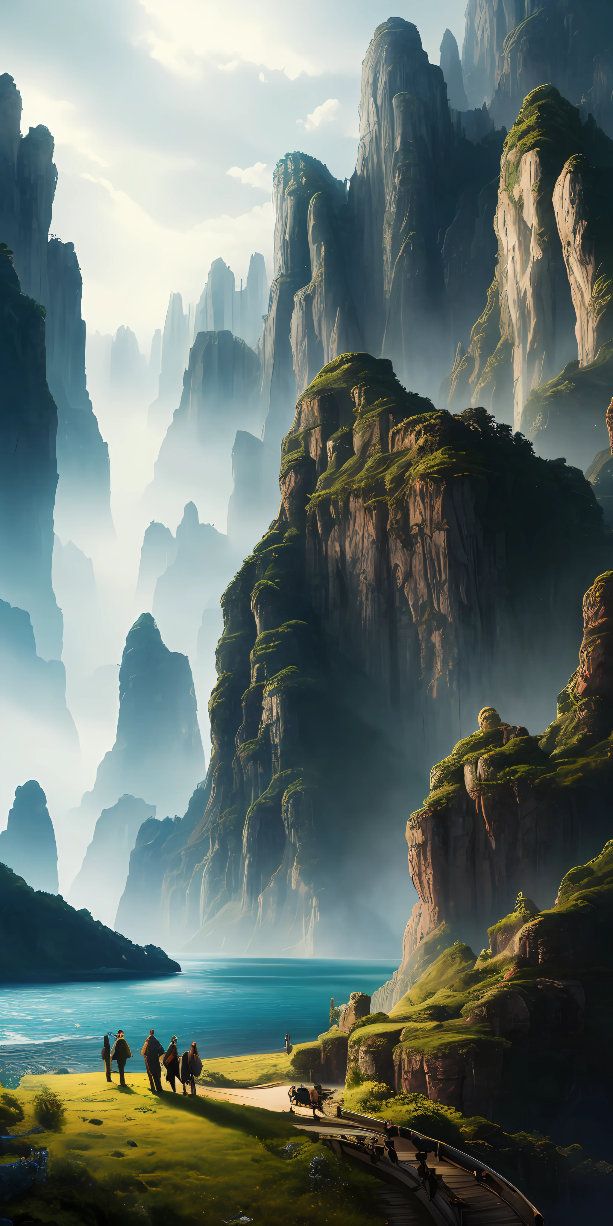 Masterpiece, best quality, high quality, extremely detailed CG unity 8k wallpaper, landscape, outdoor, sky, clouds, sky, no humans, mountain, landscape, water, tree, blue sky, waterfall, cliff, nature, lake, river , cloudy skies, award winning photography, bokeh, depth of field, HDR, bloom, chromatic aberration, photorealism, very detailed, trending on artstation, trending on CGsociety, intricate, high detail, dramatic, half way art