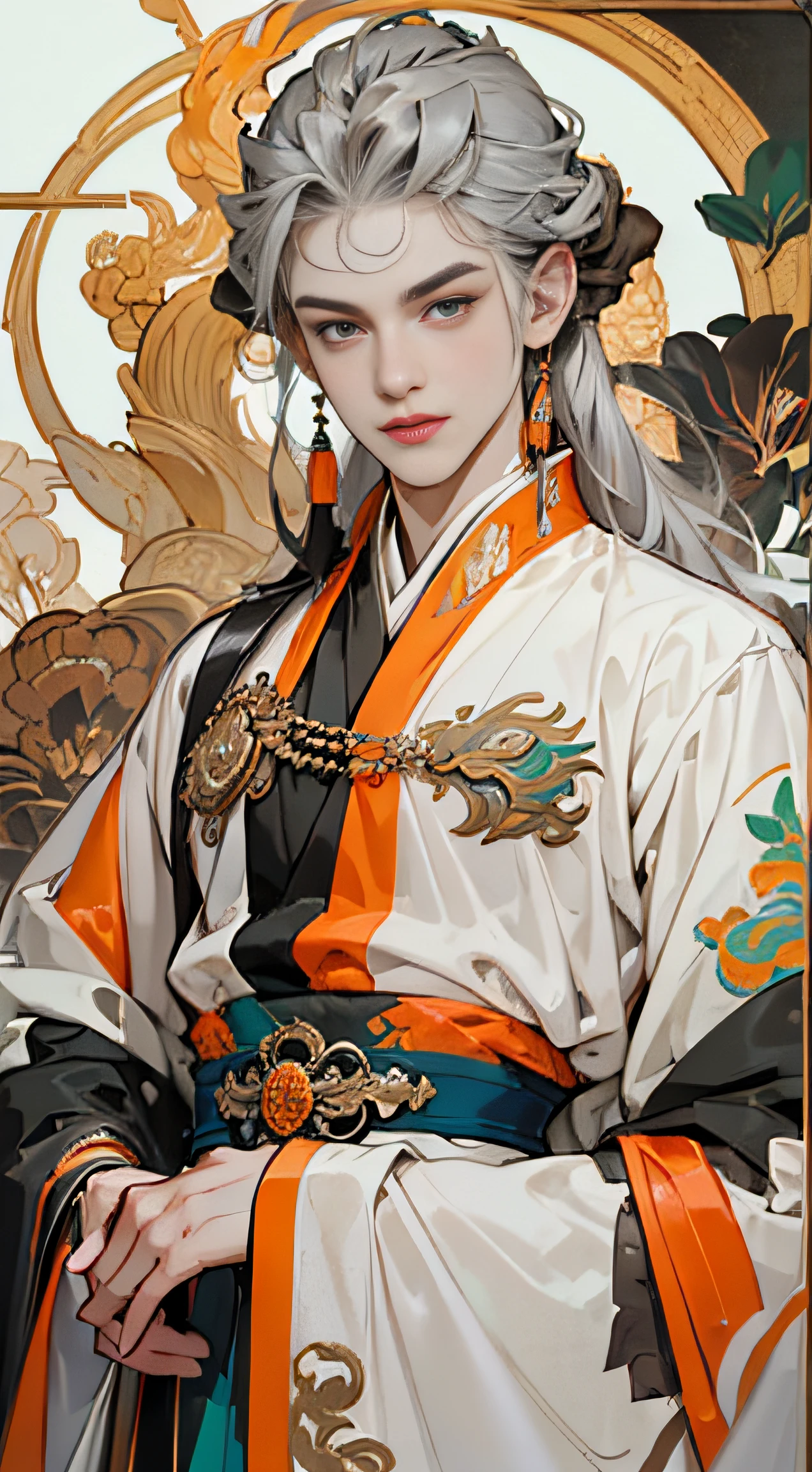 green color:1.5,Orange:1.1,white colors:1.3,amarelo:1.3,（Handsome boy, Long flowing silver hair), Fashionable clothing, Charming eyes，ellegance，Abstract line and circle background，high qulity，Ultra-clear details，tmasterpiece，Works of masters，winning artwork，8K
