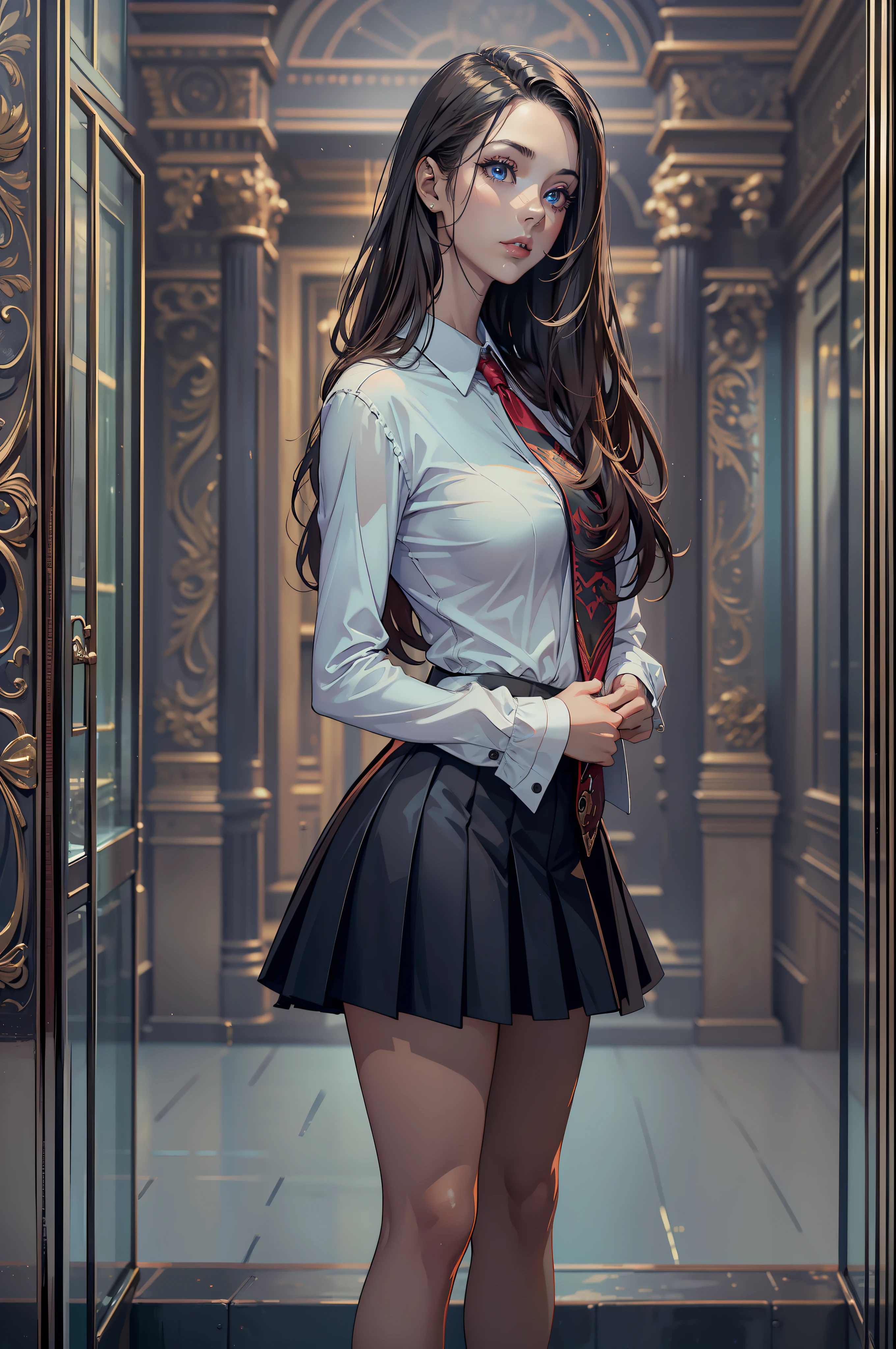 Model woman posing, Very beautiful 20 year old woman, The background is a room in the museum, Very long hair, Revealing clothing, Gradient Eyes, makeup, Cinematic lighting, , One-person viewpoint, canon, nffsw, retinas, masutepiece, ccurate, Anatomically correct, Textured skin, Super Detail, high details, High quality, awardwinning, Best Quality, hight resolution, 1080p, hard disk, 4K, 8K, 16 K