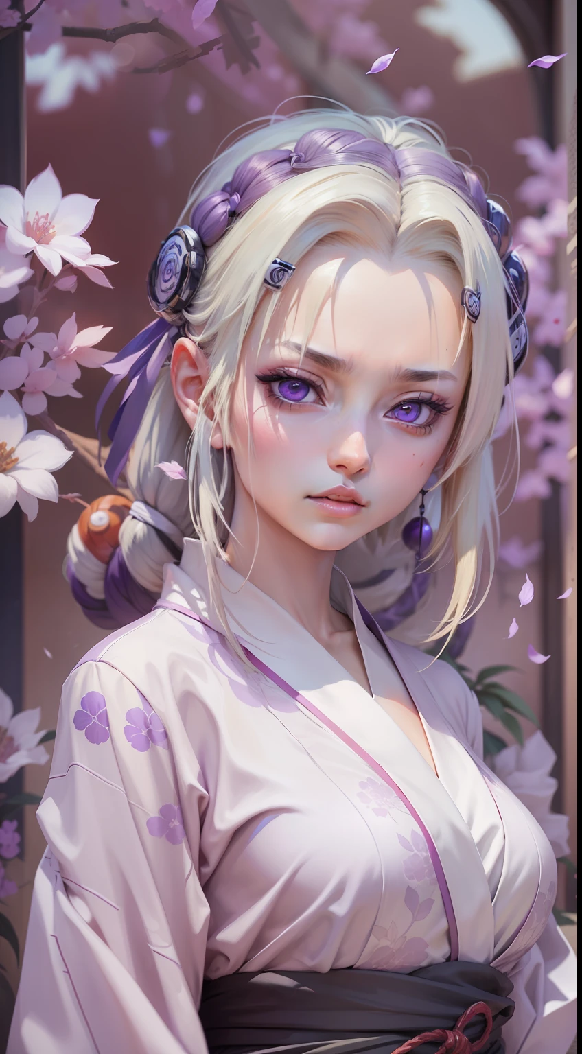 masterpiece, absurdness, (a girl with purple eyes, beautiful and aesthetic:1.2), (1girl:1.3), (((Senju Tsunade))), (Naruto), solo, Japanese kimono-style blouse with no sleeves, looking at viewer, floating hair, anime style 4k, realistic anime art style, beautiful anime girl, hyper-detailed, character concept art, beautiful face, ultra detailed face, dynamic angle, high sense illustration, 8k wallpaper, perfect surreal composition, Shounen Anime Style.