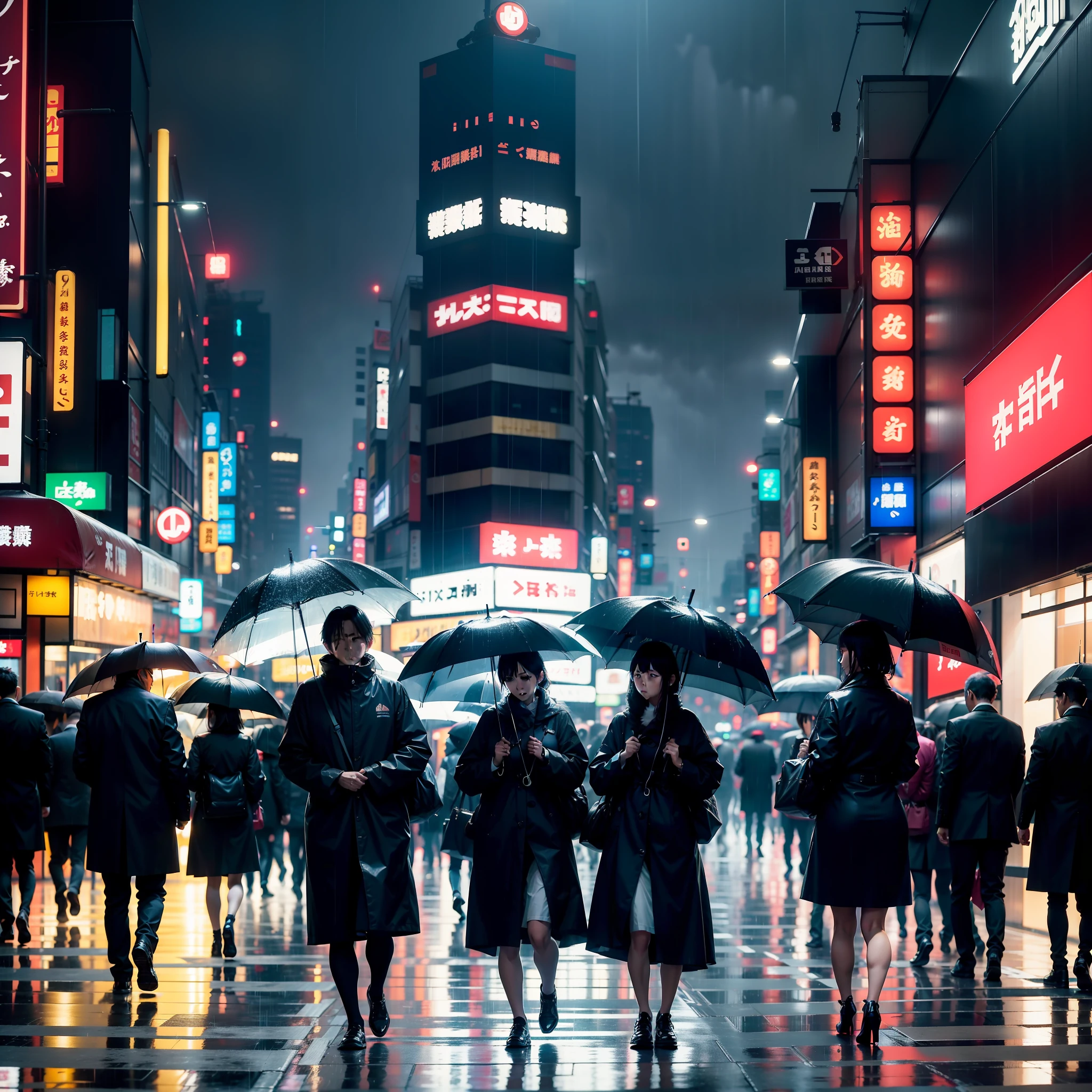 Shinjuku, Tokyo,the night,very heavy rain,Shops and tall buildings are brightly lit,Pedestrians, some people with umbrellas,Some people chat,There was also a woman walking with her head down in a raincoat