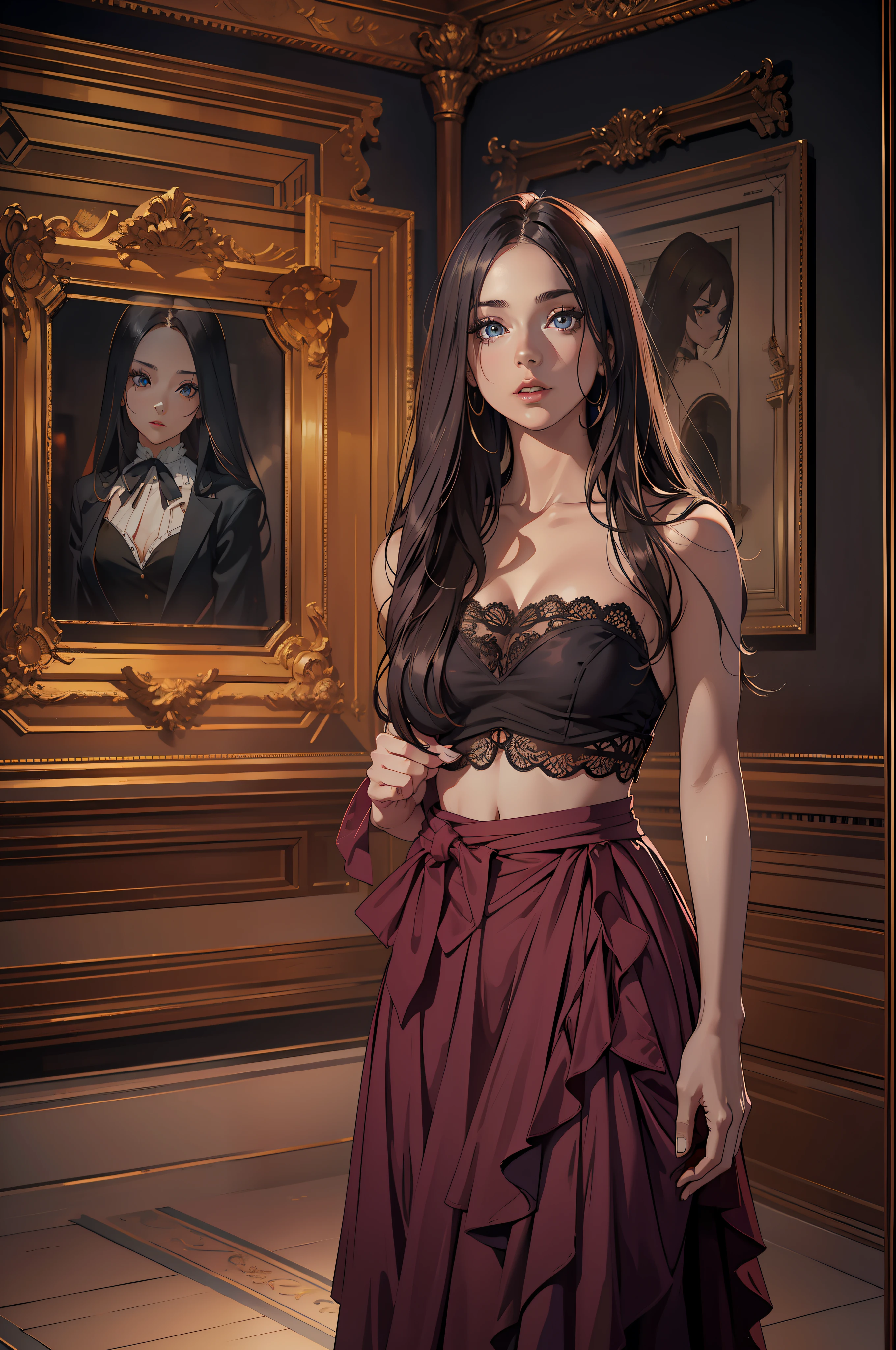 Model woman posing, Very beautiful 20 year old woman, The background is a room in the museum, Very long hair, Revealing clothing, Gradient Eyes, makeup, Cinematic lighting, , One-person viewpoint, canon, nffsw, retinas, masutepiece, ccurate, Anatomically correct, Textured skin, Super Detail, high details, High quality, awardwinning, Best Quality, hight resolution, 1080p, hard disk, 4K, 8K, 16 K