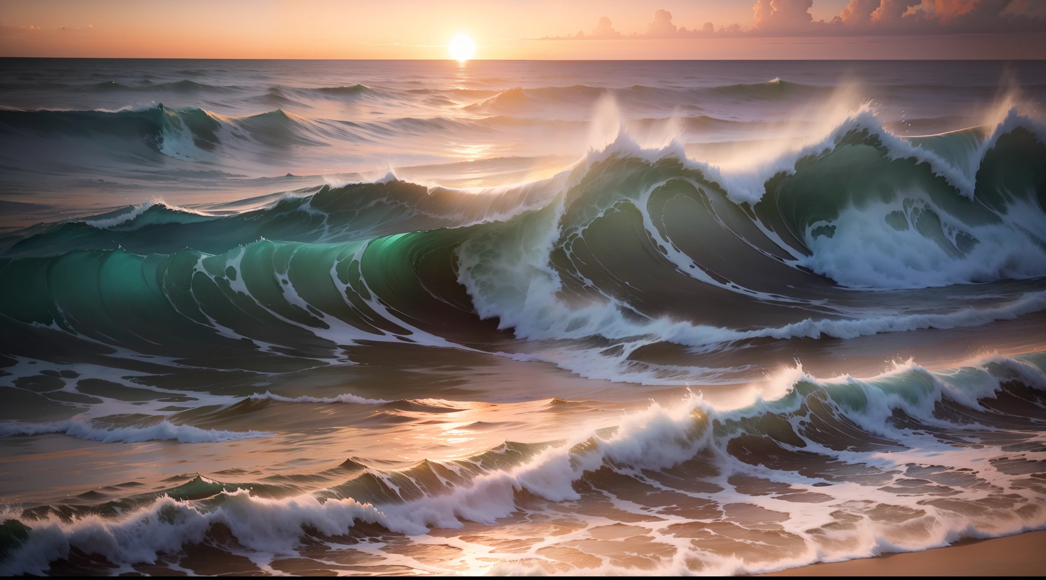 sunset over the ocean with waves crashing on the beach, beautiful waves in sea, beautiful ocean, sea waves, beautiful sunrise, beautiful sea landscapes, sunset at the beach, stunning waves, ocean waves, sunset on the beach, beach sunset background, golden sunset, beautiful sunset, soaring waves, calm waves, rippling oceanic waves, foamy waves