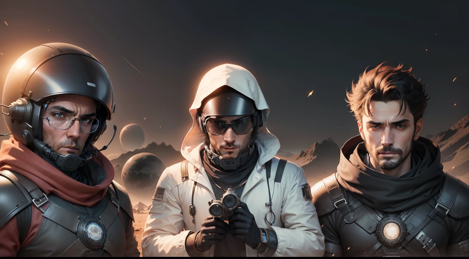 Three male scientists, on a dark planet, with black sun.