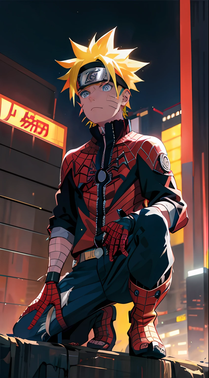 portrait, neon, 1 boy, shonen style, spiky blonde hair, scratches on cheeks on cheeks, (Spider-Man suit), black jacket, jeans, boots, bandana, cool, blue eyes, full body, color --name Naruto Uzumaki --night background city with futuristic buildings and holograms