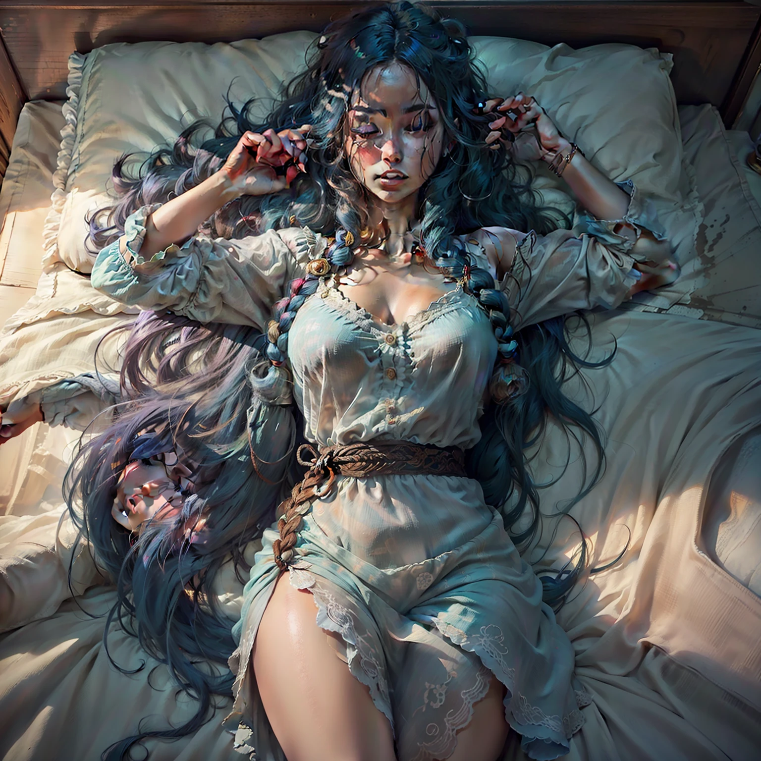 curly long blue hair, BRAIDED HAIRSTYLE, sleeping on the bed, natural lightning, raw color, wearing night short dress, 8k, illustrator, masterpiece, high quality, 8k, high resolution, high detailed