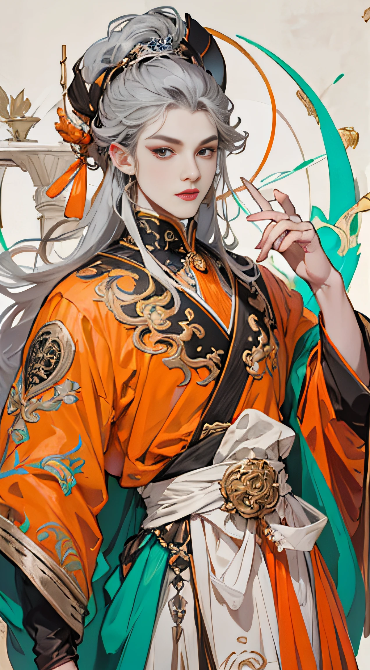 green color:1.5,Orange:1.1,white colors:1.3,amarelo:1.3,(Handsome boy, Long flowing silver hair), Fashionable clothing, Charming eyes,ellegance,Abstract line and circle background,high qulity,Ultra-clear details,tmasterpiece,Works of masters,winning artwork,8K