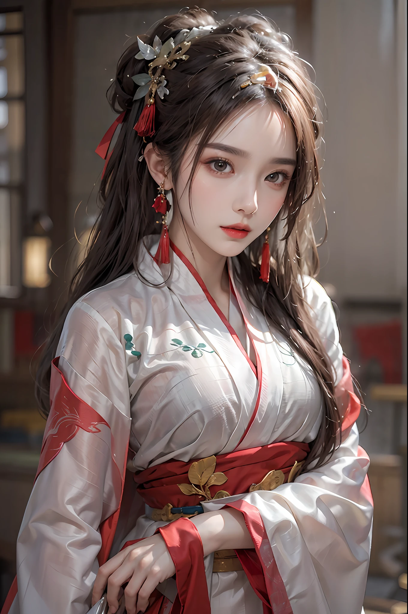 photorealistic, high resolution, 1 women, solo, hips up, beautiful eyes, long hair, red wedding hanfu, red dot on forehead chinese, gorgeous accessories, wearing pearl earrings