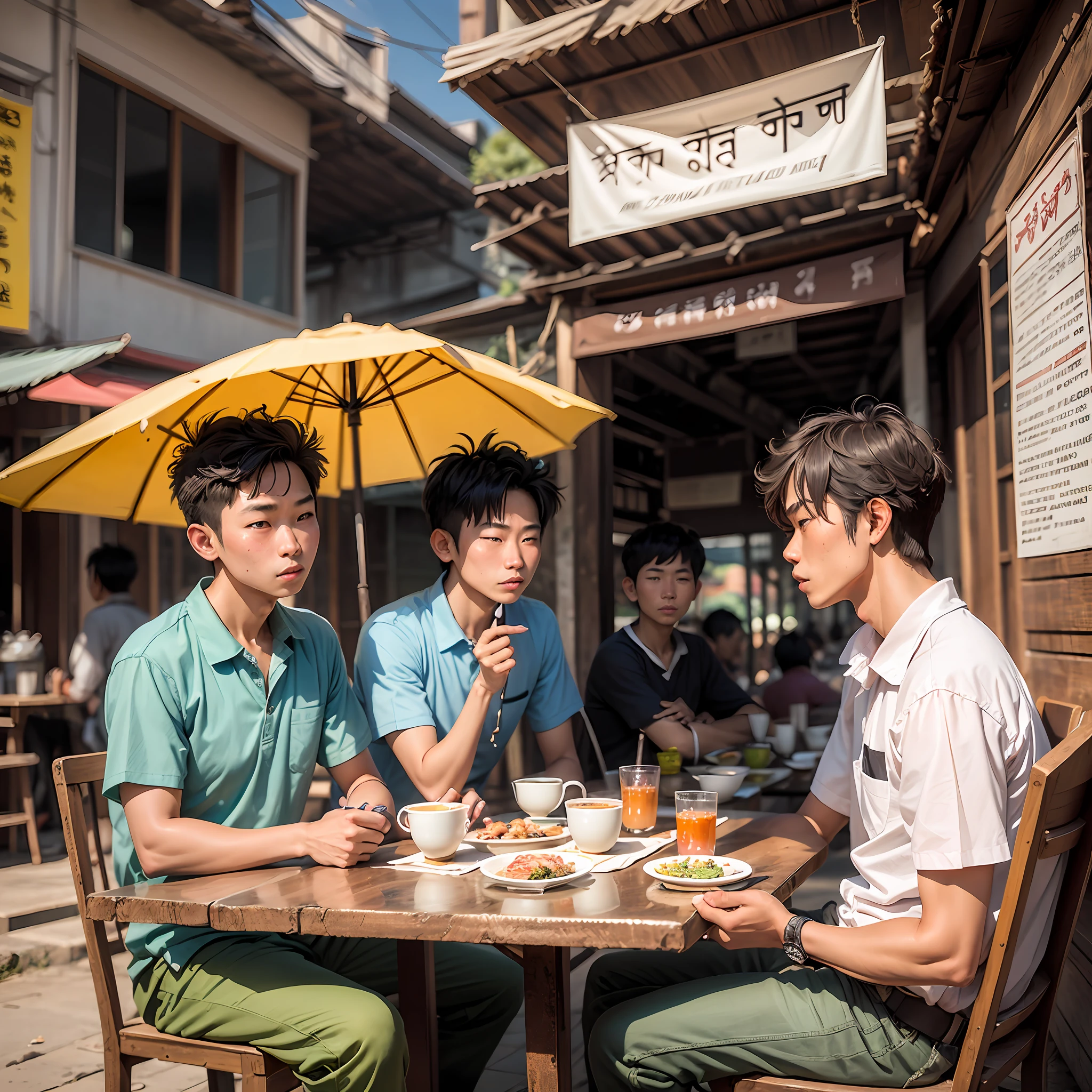 3 boys who meet and talk while sitting at Burmese,Mandalay city roadside tea shop --auto --s2