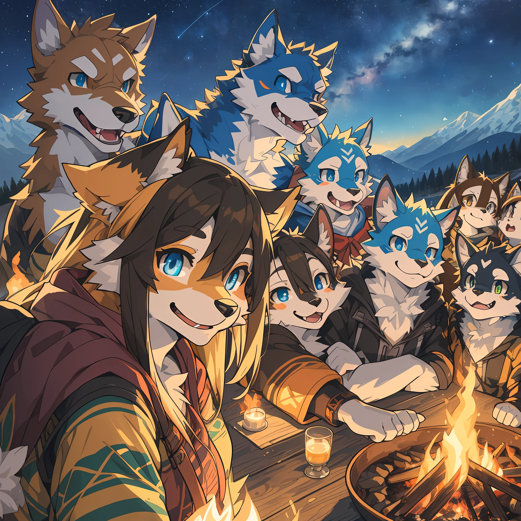 top quality, best quality, High-quality illustrations, masterpiece, super high resolution, detailed background, detailed background, Campsite in the mountains, group shot, 6+boys, 6+girls, camp-fire, night sky, absurdres(highly detailed beautiful face and eyes)perfect anatomy(Photo of family trip)(kemono, furry anthro)selfie,