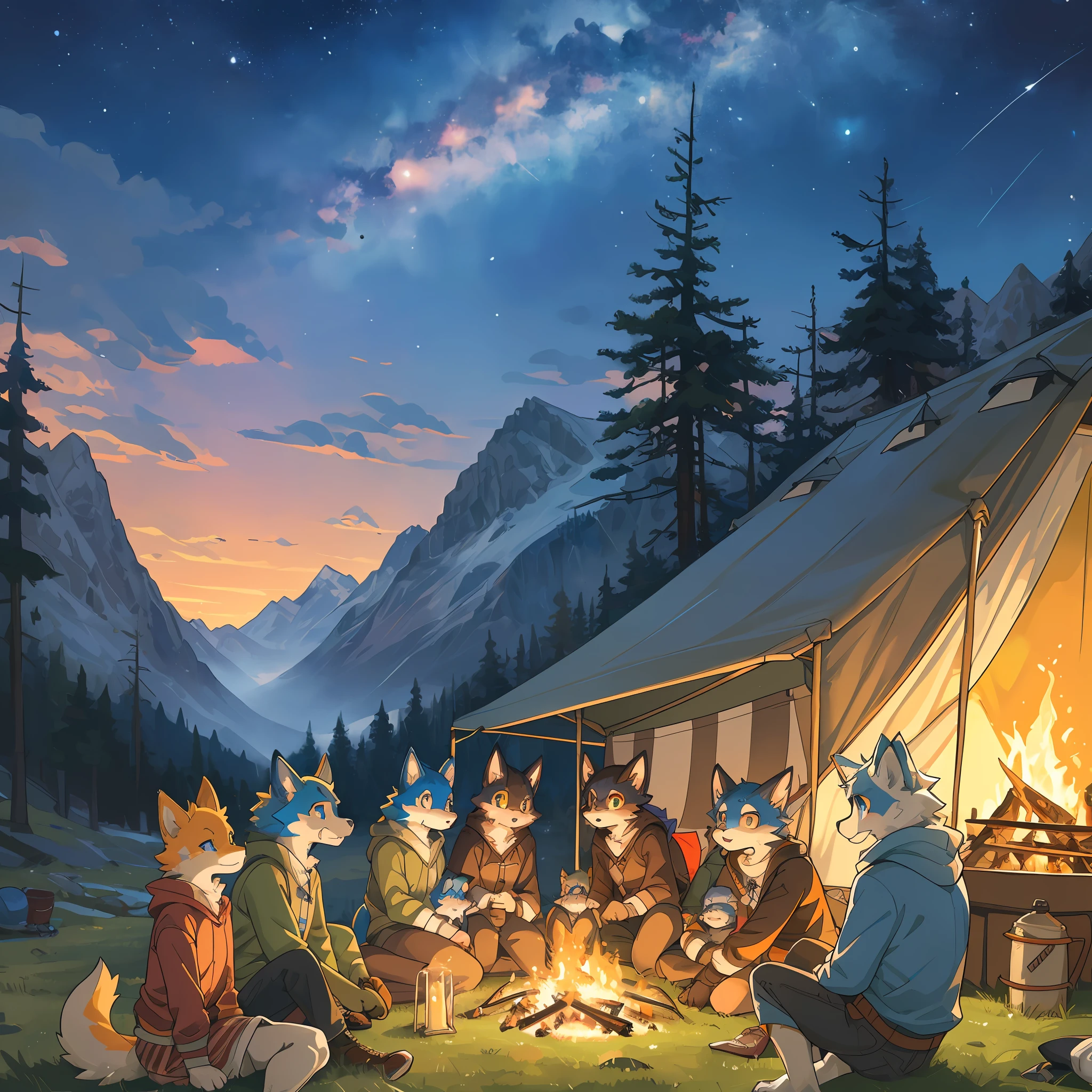 top quality, best quality, High-quality illustrations, masterpiece, super high resolution, detailed background, detailed background, Campsite in the mountains, group shot, 6+boys, 6+girls, camp-fire, night sky, absurdres(highly detailed beautiful face and eyes)perfect anatomy(Photo of family trip)(kemono, furry anthro)selfie,