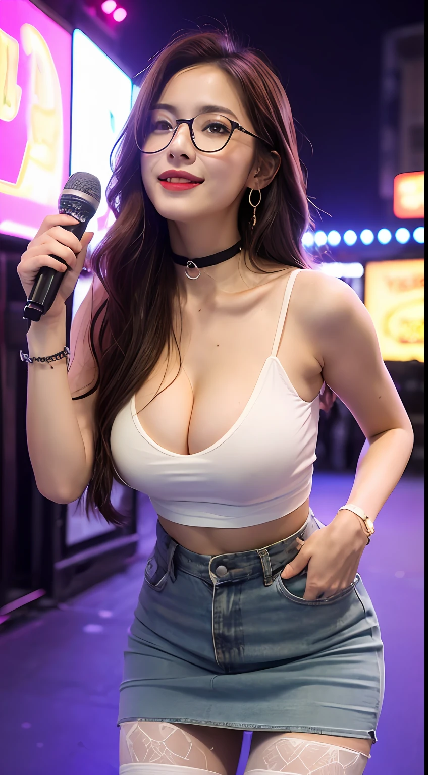 ((midnight, Need, 8K, tmasterpiece:1.3)), A whole body, Long legs, Focalors:1.2, Plump body，perfect figure beautiful woman:1.4,((Dark brown hair, huge tit:1.2 )), (Low-cut white T-shirt, Deep V white T-shirt，Skinny white T-shirt，blackstockings，short  skirt), ((Nightclub，Karaoke)), crowd of，Highly detailed facial and skin texture, A detailed eye, 二重まぶた，wears glasses，crisp breasts，Smile with，Bigger breasts, Wavy hair，crisp breasts，Get wet，Sweat profusely，Red lips，Wear earrings，wearing a choker，Wear a bracelet，orgy，Rejoice，Hot dance，Perfect chest shape，drink，vibrancy，Heaty，wildness，huge tit，Bigchest