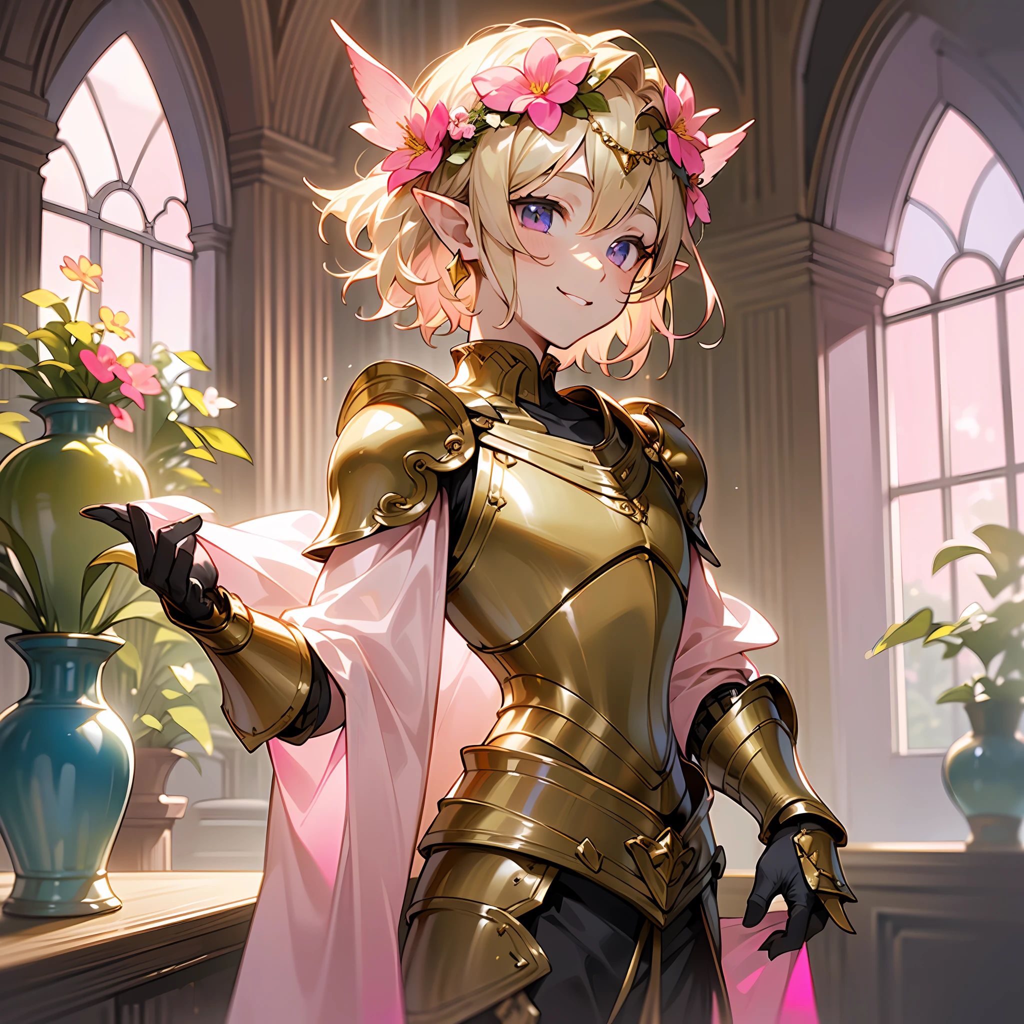 one young man, twink, (((male))), (((man))), (((one person))), (((single))), (((solo))), (((very light blonde hair))), (((light blonde colored hair))), (((very light blonde colored hair))), (((pink colored eyes))), (medium short hair), (chin-length hair), wavy hair, slim body, ((flat chest)), ((fantasy style)), (((wearing flowers in his hair))), flowercrown, ((pointy ears)), (((light pink colored eyes))), (standing inside a fantasy palace), (sunlight falling in through big detailed windows), room is decorated with a few flowers in bottles, few flowers in vases, (((wearing golden armour))), (((fantasy armour))), smiling