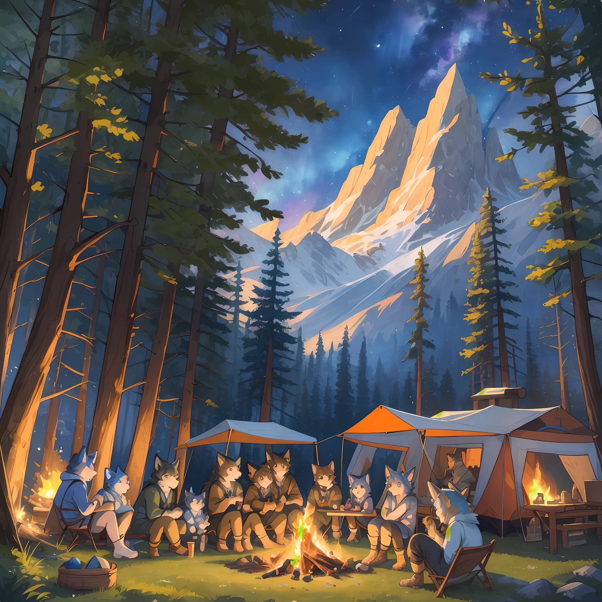 top quality, best quality, High-quality illustrations, masterpiece, super high resolution, detailed background, detailed background, Campsite in the mountains, group shot, 6+boys, 6+girls, camp-fire, night sky, absurdres(highly detailed beautiful face and eyes)perfect anatomy(Photo of family trip)(kemono, furry anthro)selfie,