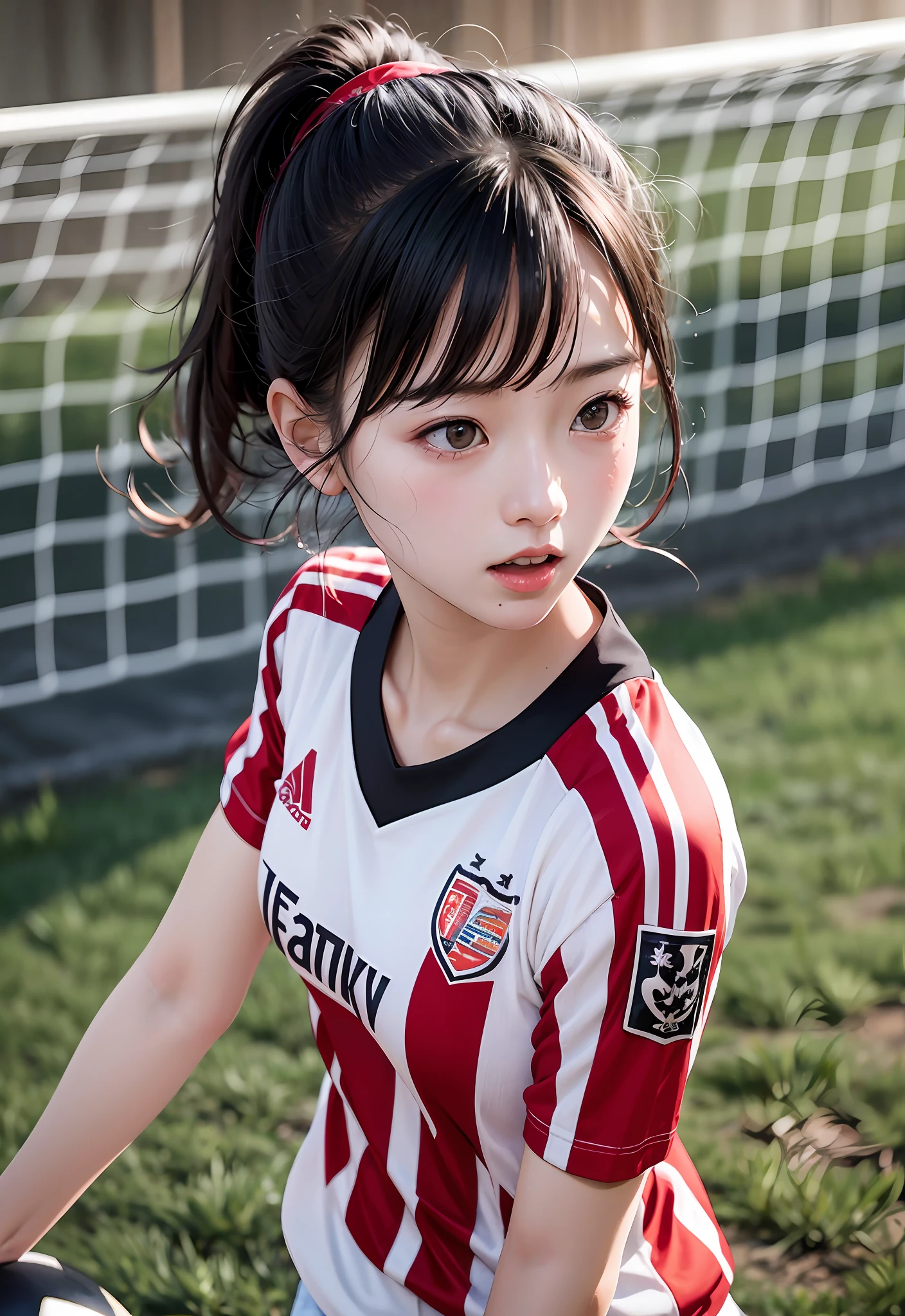 8K、Top image quality、masterpiece、夏天、Playing Soccer、30-years old、(1 adult female)、In the fields、(Facial expressions that enjoy with all their might)、Cinematic lighting、Expressing the speed and dynamism of soccer、headline、Sweat dripping、Wearing red and black vertical stripes