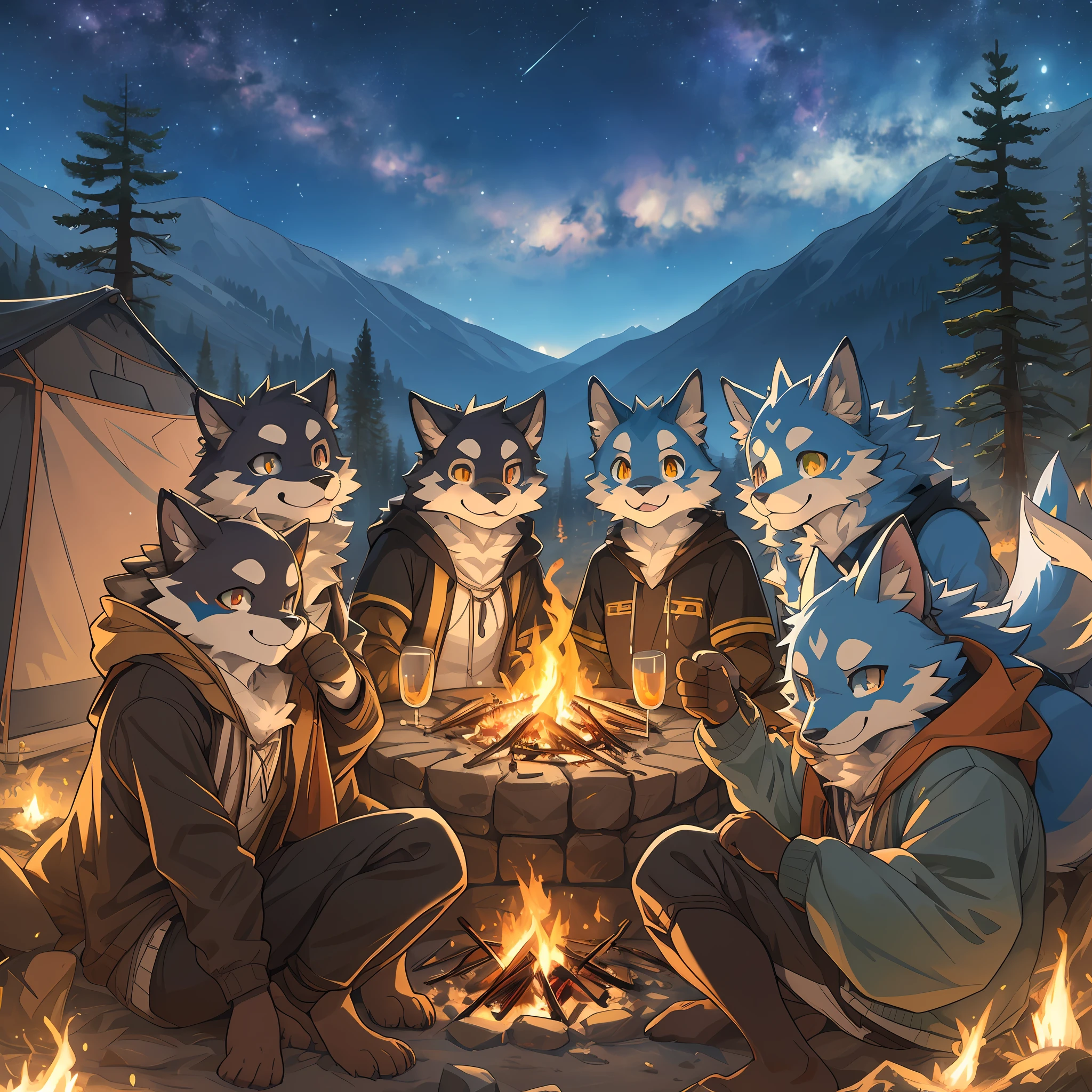 top quality, best quality, High-quality illustrations, masterpiece, super high resolution, detailed background, detailed background, Campsite in the mountains, group shot, 6+boys, 6+girls, camp-fire, night sky, absurdres(highly detailed beautiful face and eyes)perfect anatomy(Photo of family trip)(kemono, furry anthro)selfie,