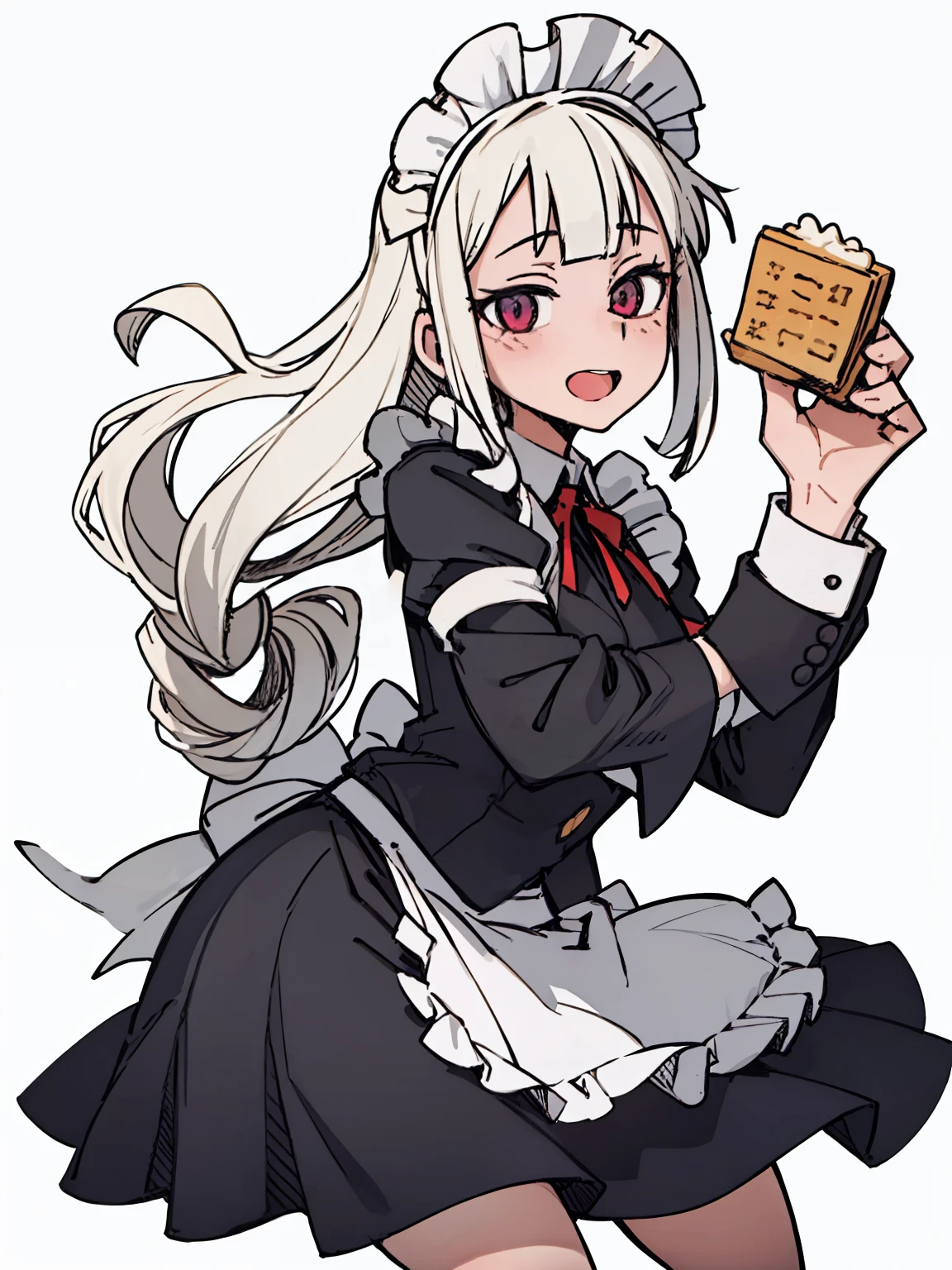 A girl frontal,CRIT,(,(A half body),(Long curly white hair),(the maid outfit)),Young, White background
