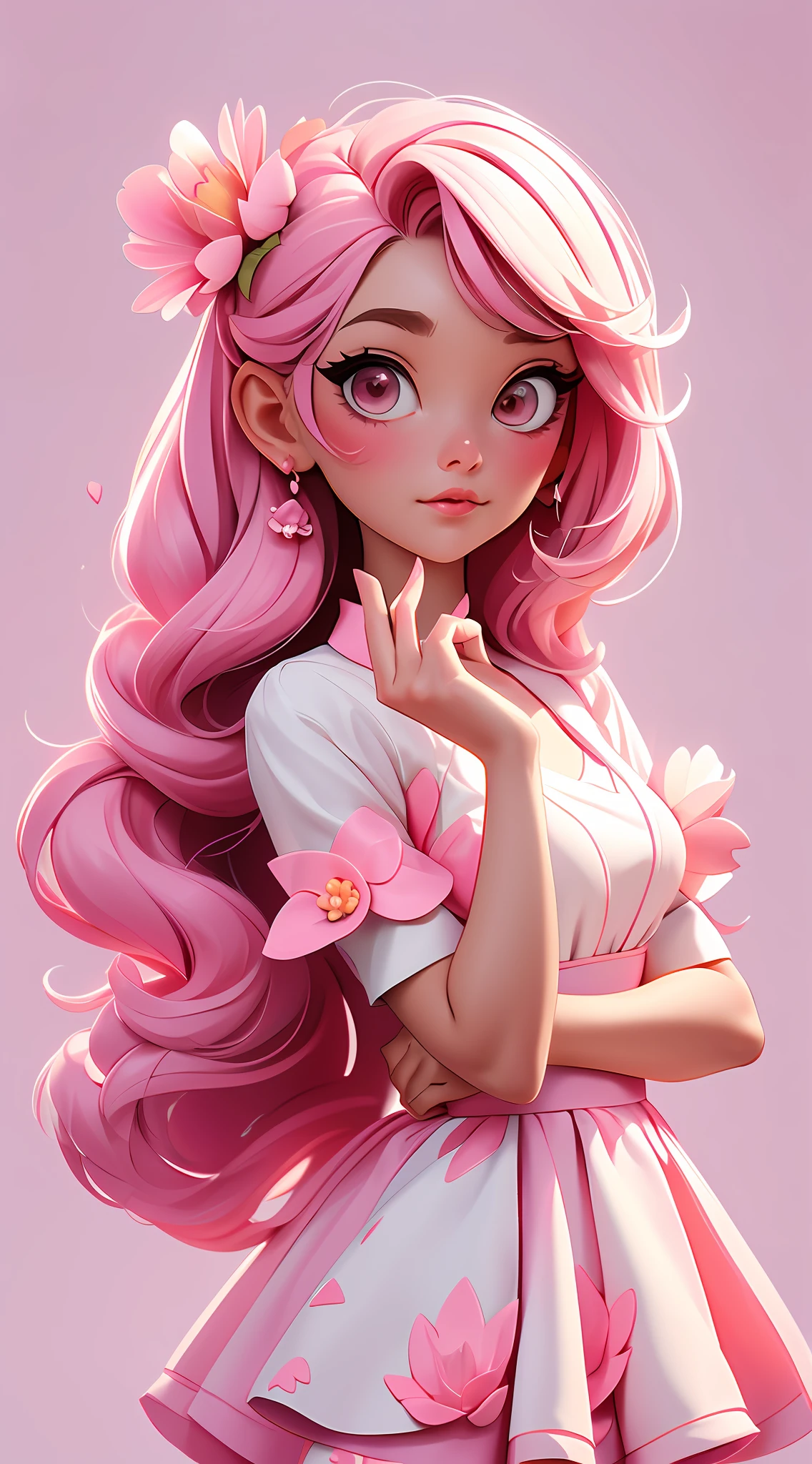 (Best Quality, Masterpiece), 1girl, Pose, Wind, Flower, Upper Body, White and Pink Color Scheme, Simple Background, Look at the Viewer