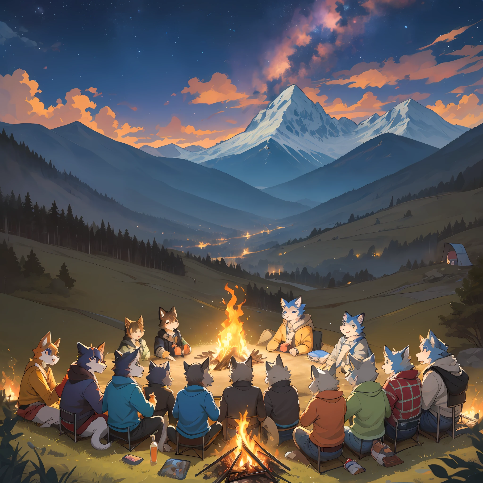 top quality, best quality, High-quality illustrations, masterpiece, super high resolution, detailed background, detailed background, Campsite in the mountains, group shot, 6+boys, 6+girls, camp-fire, night sky, absurdres(highly detailed beautiful face and eyes)perfect anatomy(Photo of family trip)(kemono, furry anthro)selfie,