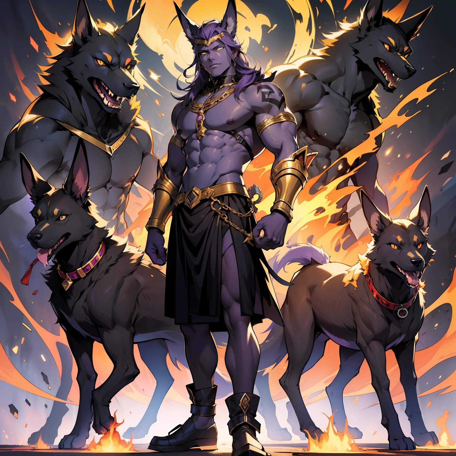 Anubis human form, handsome male, purple hair, amber eyes, bara, Anubis surrounded by demon dogs, dark skin, Anubis standing on fire