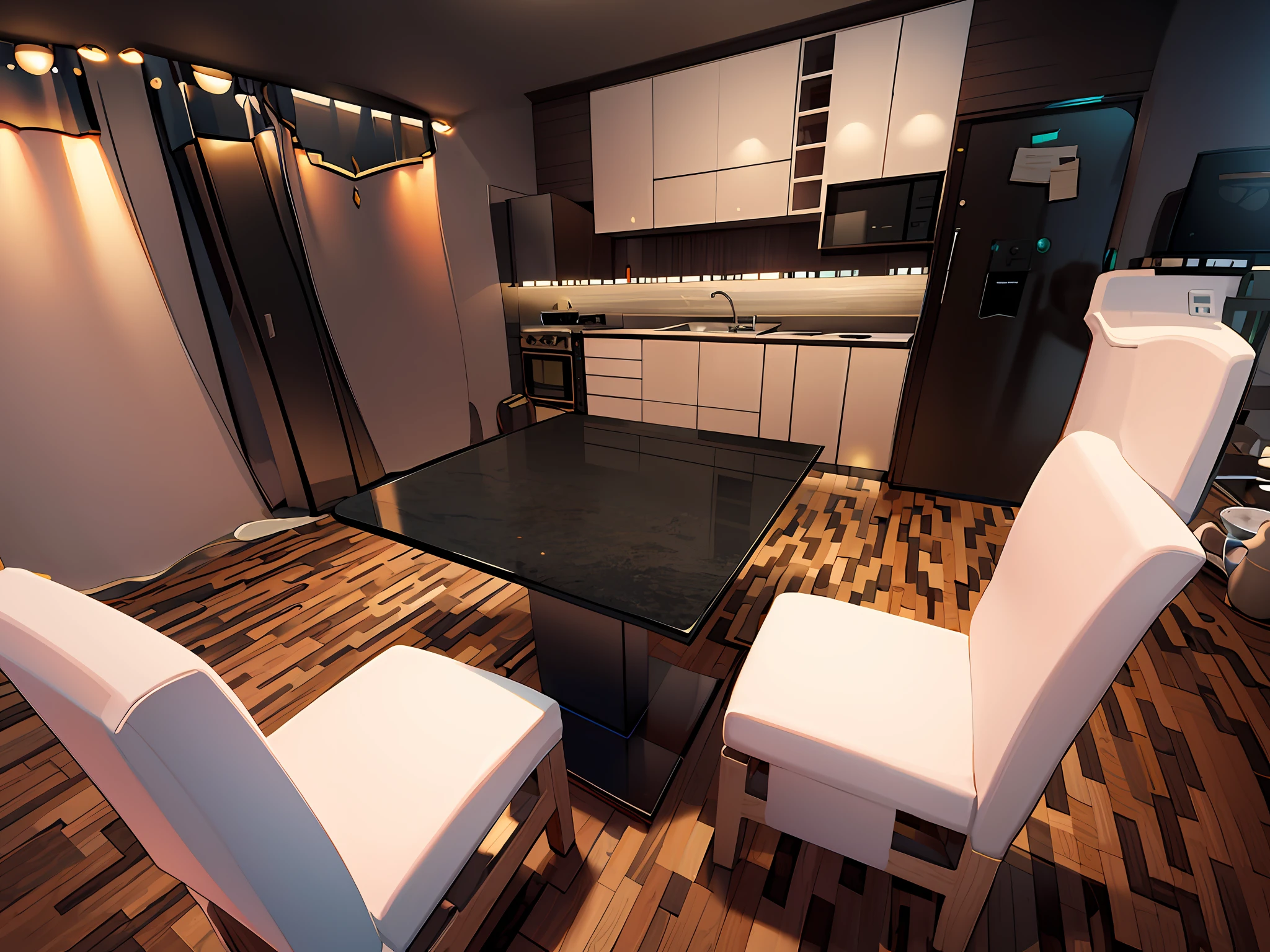 Cocina muy luminosa Muebles en marmol blanco y negro con detalles en dorado sillon en cuero negro mesa en ceistal