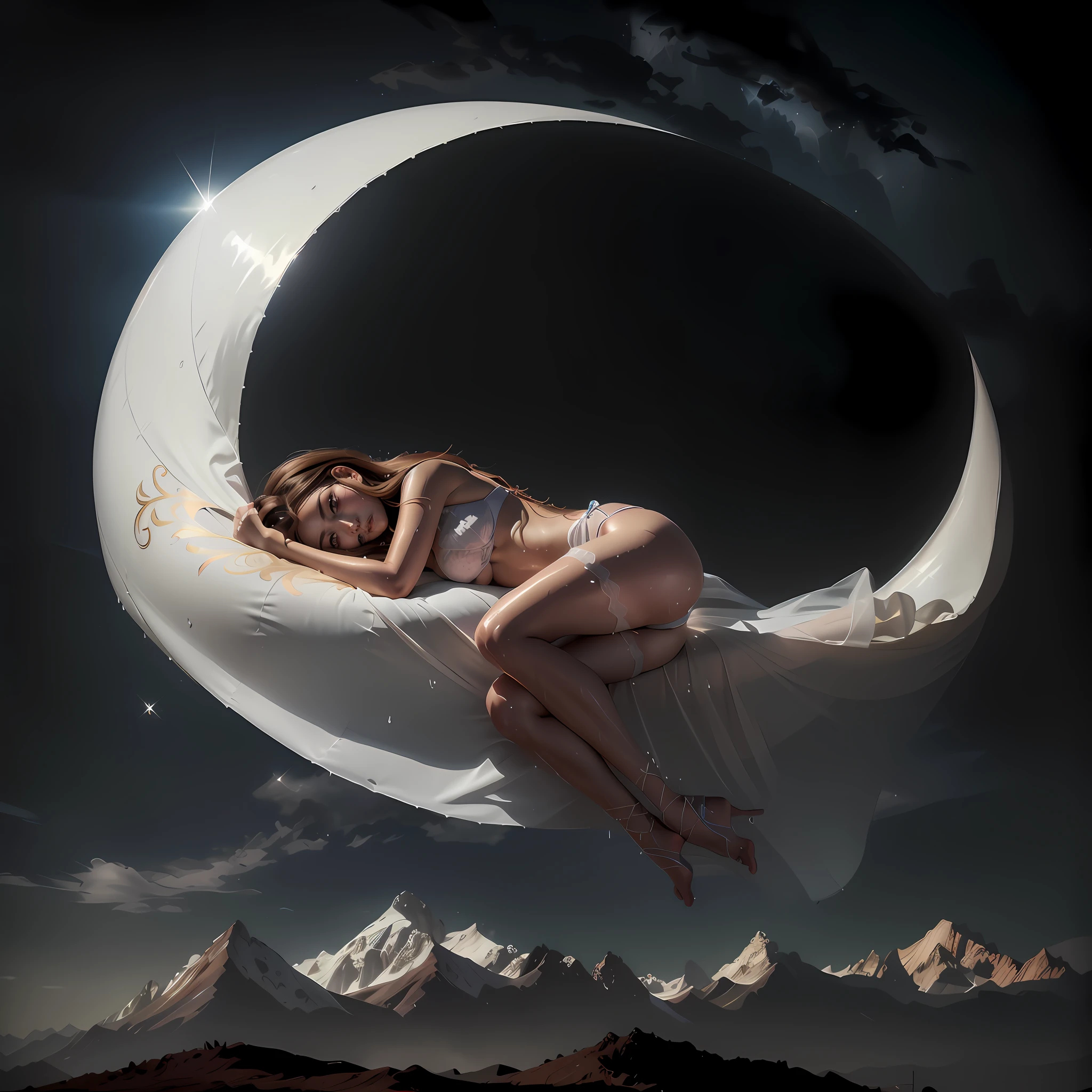 "Una chica sensual y de bonito cuerpo y pelo largo, con un delgado vestido de seda transparente, echada durmiendo encima de la figura de una media luna en el espacio. Beautiful photographic dream style." 8k, foto RAW, (piel altamente detallada: 1.2), (expuesta: 1.1), (espalda expuesta: 1.5), (hombros expuestos: 1.1), (entrepierna expuesta: 1.5), (vista de arriba hacia abajo: 1.5), ((Una mujer muy linda con un micro bikini de seda blanca)), Cinematographer, obra maestra, mejor calidad, fondo gris oscuro, 1girl ojos azules y hermoso cabello rubio claro, a beautiful Caucasian woman with big ass full soft breasts and white skin,  poses variadas, ((Pechos enormes: 1.4)), ((pechos muy suaves)), Cara ultra detallada, Ojos detallados, ((Sin primer plano)), ((she is wet)).