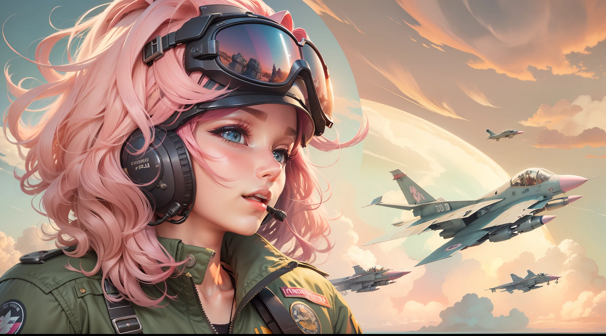 Beautiful girl with pink hair piloting a fighter jet,Aviator,The sky flies,Bomber Jacket,Flight helmet,Clouds,the setting sun,the sea