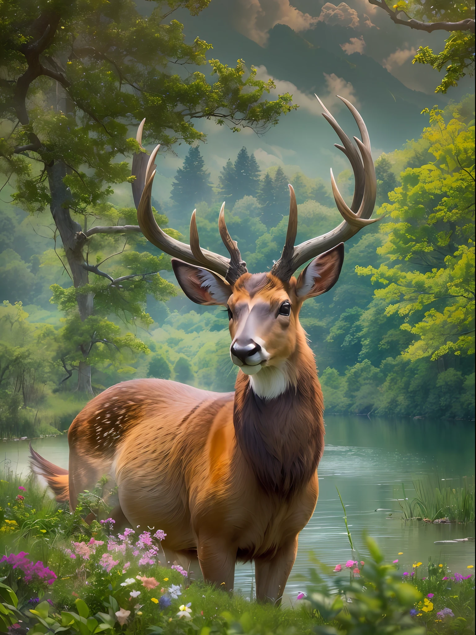 (masterpiece, high resolution:1.3), (panoramic landscape photography:1.2), (stunning and diverse natural scenery:1.1), (lush and vibrant flora:1.1), (towering trees, forming a majestic canopy:1.1), (colorful flowers in full bloom:1.1), (sunlight streaming through the leaves:1.2), (a plethora of wildlife:1.1), (graceful deer grazing in the meadow:1.1), (playful squirrels leaping from branch to branch:1.1), (colorful birds soaring across the sky:1.1), (clear and reflective waters of a tranquil lake:1.1), (snow-capped mountains in the distance:1.1), (rolling hills and verdant valleys:1.1), (Sony Alpha a7R IV, renowned for its high-resolution capabilities:1.2), (paired with the Sony FE 16-35mm f/2.8 GM lens, perfect for panoramic landscapes:1.2), (capturing every intricate detail of the expansive vista:1.1), (immersive 16:9 aspect ratio, bringing the scene to life:1.1), (timeless and evocative:1.1), (a symphony of colors and textures:1.1), (harmony between wildlife and nature:1.1), (the beauty of the natural world, preserved in a single frame:1.1), (capturing a moment of tranquil serenity:1.1), (a breathtaking display of Earth's wonders:1.1), (invoking a sense of awe and admiration:1.1), (immersed in the grandeur of Mother Nature:1.1)
